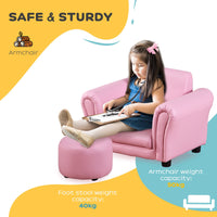 Kids Sofa Set With Footstool, Upholstered Armchair For Kids 18M , Baby Sofa For Playroom, Children'S Bedroom, Nursery Room, Pink Pink Wood