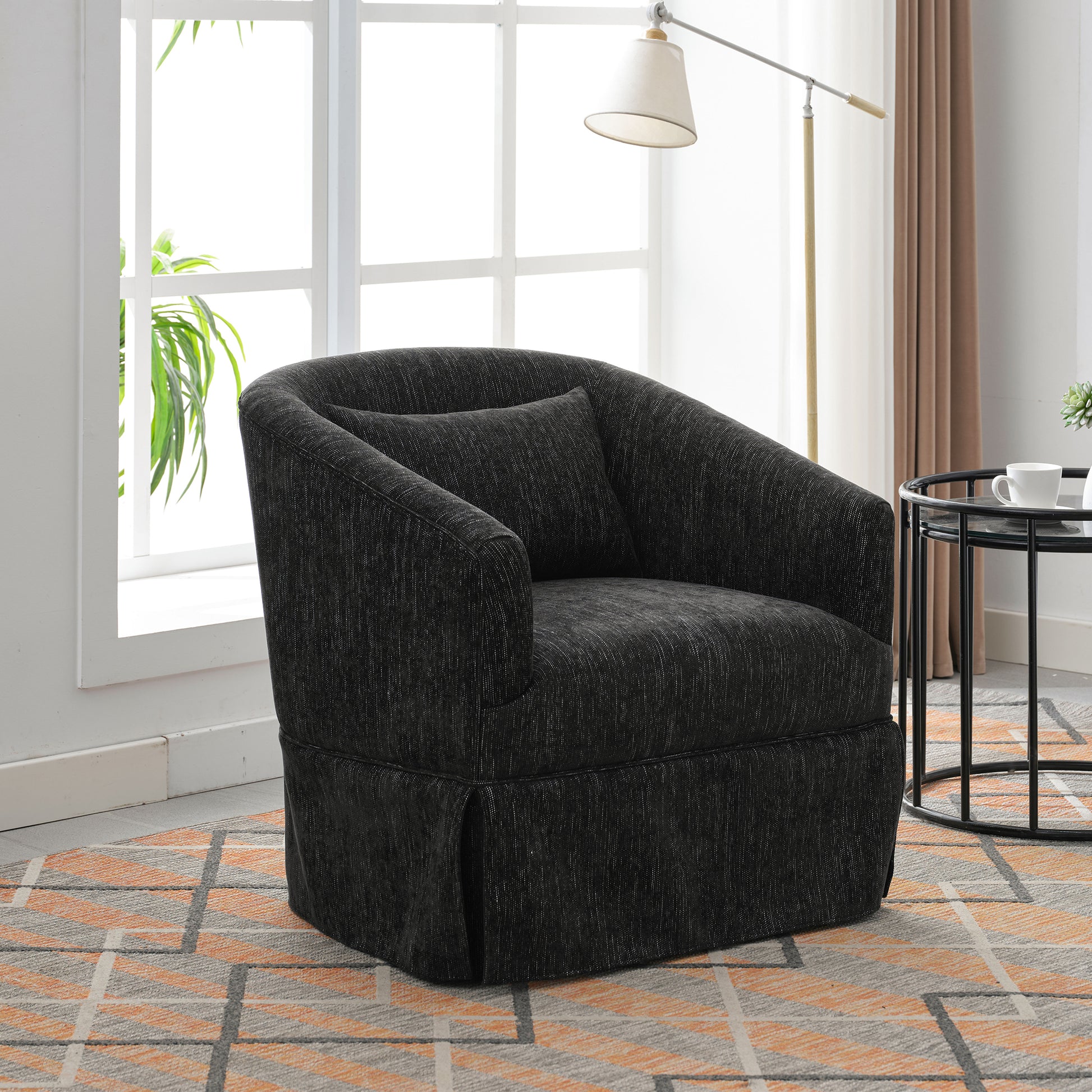 360 Degree Swivel Accent Armchair Linen Blend Black Black Upholstered