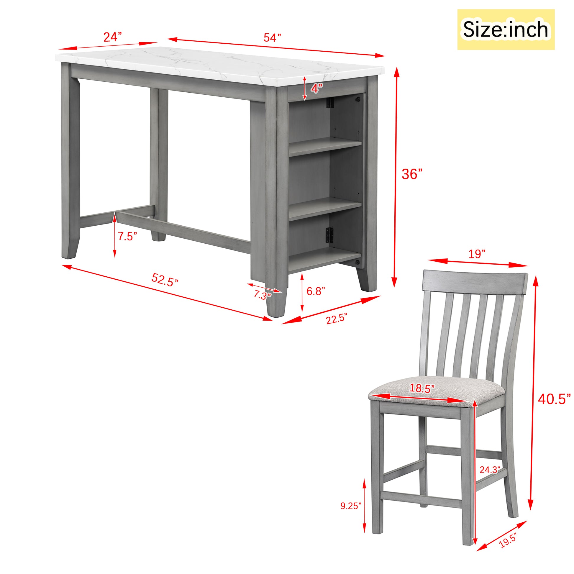 3 Piece Counter Height Dining Table Set With Built In Storage Shelves, One Faux Marble Top Dining Table And 2 Counter Chairs With Footrest,Grey Grey Mdf