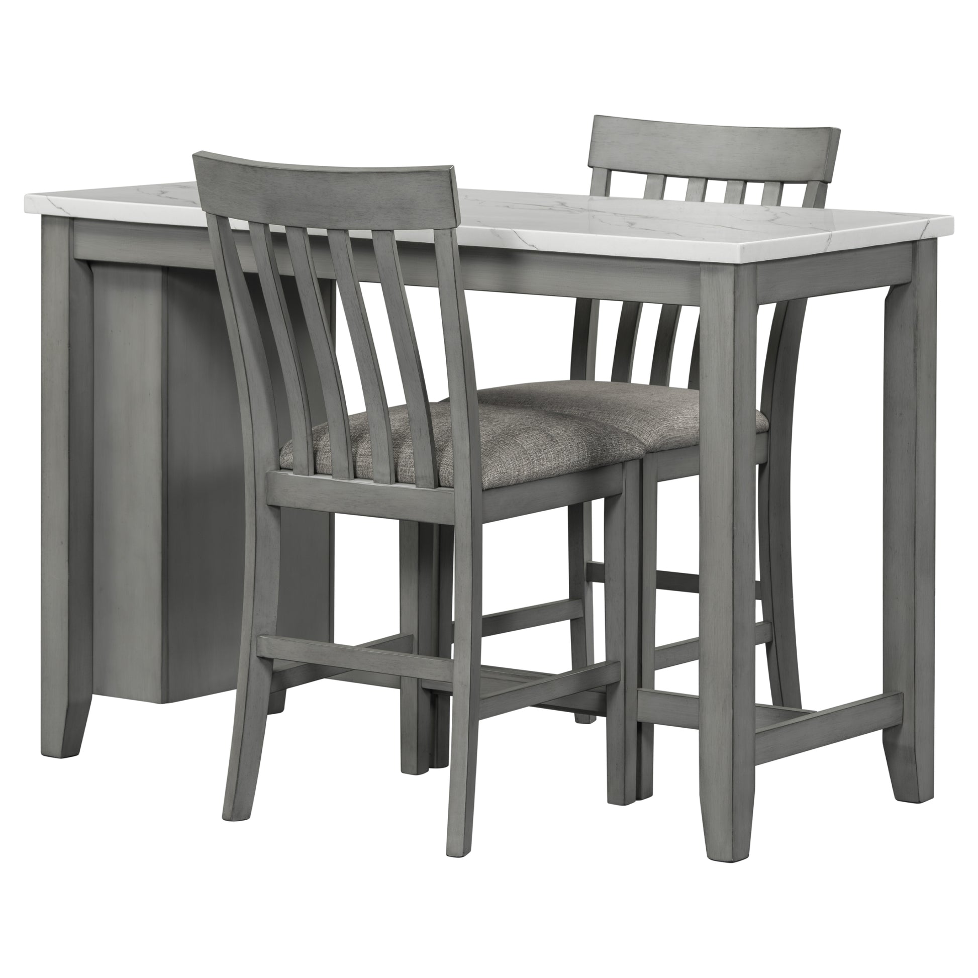 3 Piece Counter Height Dining Table Set With Built In Storage Shelves, One Faux Marble Top Dining Table And 2 Counter Chairs With Footrest,Grey Grey Mdf