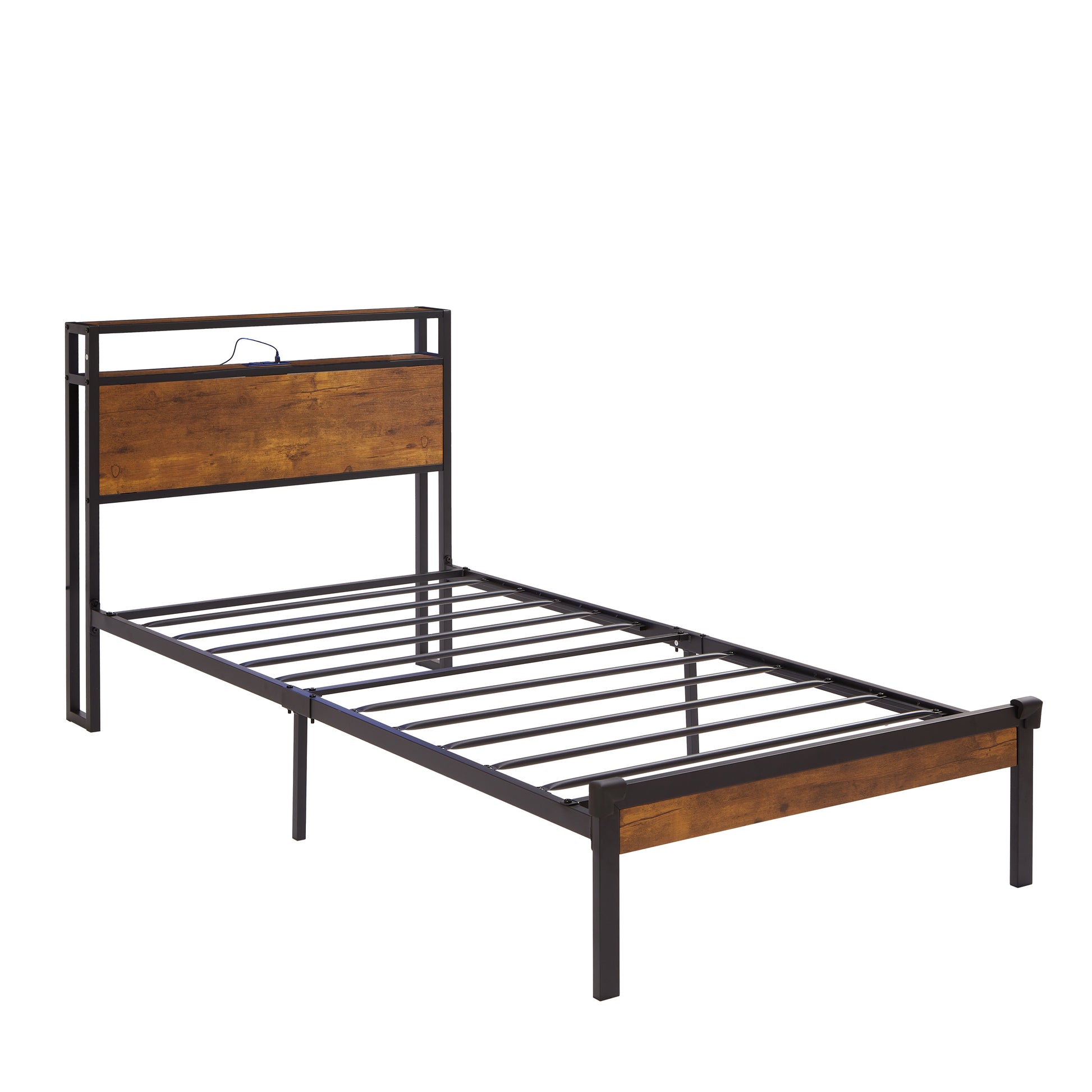 Twin Size Metal Platform Bed Frame With Wooden Headboard And Footboard With Usb Liner, No Box Spring Needed, Under Bed Storage, Easy Assemble Twin Black Brown Metal