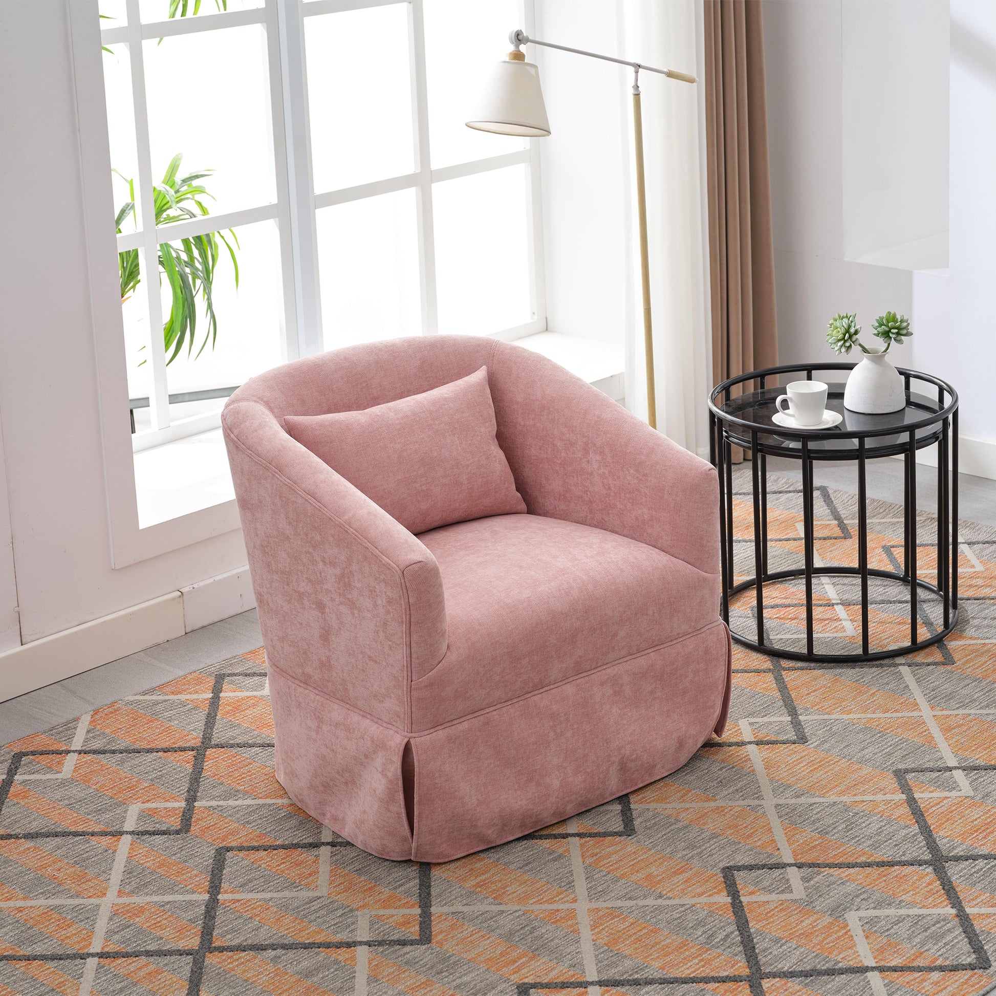 360 Degree Swivel Accent Armchair Linen Blend Pink Pink Upholstered