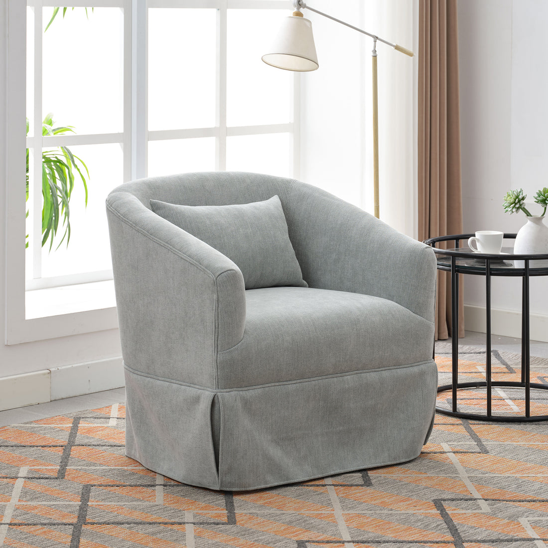 360 Degree Swivel Accent Armchair Linen Blend Orange Light Green Light Green Upholstered