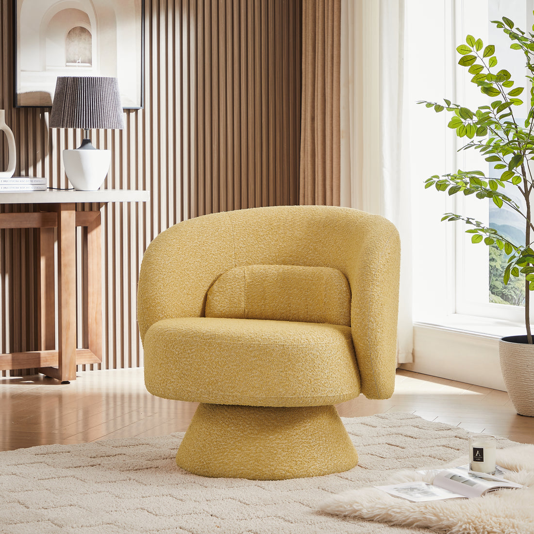 360 Degree Swivel Sherpa Accent Chair Modern Style Barrel Chair With Toss Pillows For Home Office, Living Room, Bedroom, Yellow Yellow Primary Living Space Foam Fabric