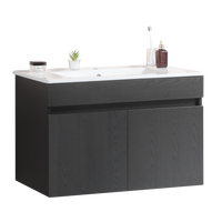 30 Inch Wall Mounted Bathroom Vanity With White Ceramic Basin,Two Soft Close Cabinet Doors, Solid Wood,Excluding Faucets,Black Black Solid Wood