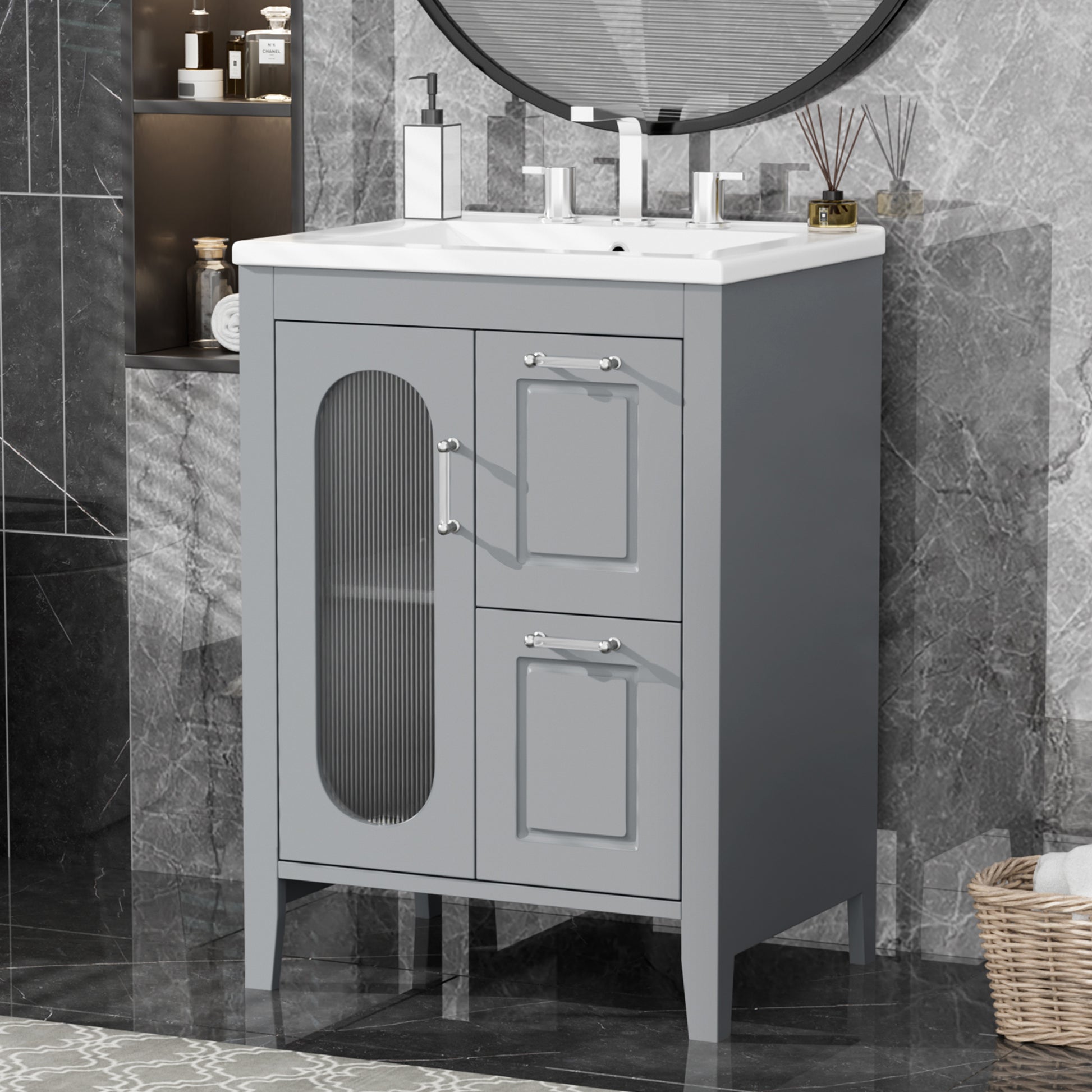 24" Bathroom Vanity With Sink, Bathroom Vanity Cabinet With Two Drawers And Door, Adjustable Shelf, Solid Wood And Mdf, Grey Grey Solid Wood Mdf