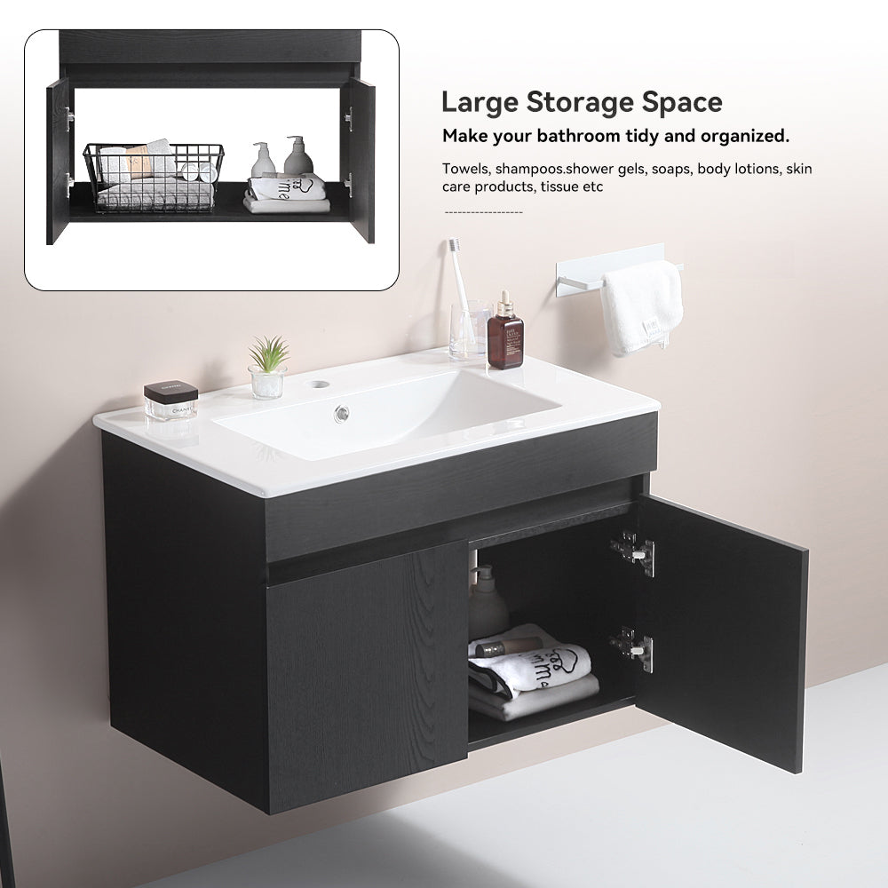 30 Inch Wall Mounted Bathroom Vanity With White Ceramic Basin,Two Soft Close Cabinet Doors, Solid Wood,Excluding Faucets,Black Black Solid Wood