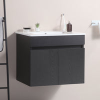 24 Inch Wall Mounted Bathroom Vanity With White Ceramic Basin,Two Soft Close Cabinet Doors, Solid Wood,Excluding Faucets,Black Black Solid Wood