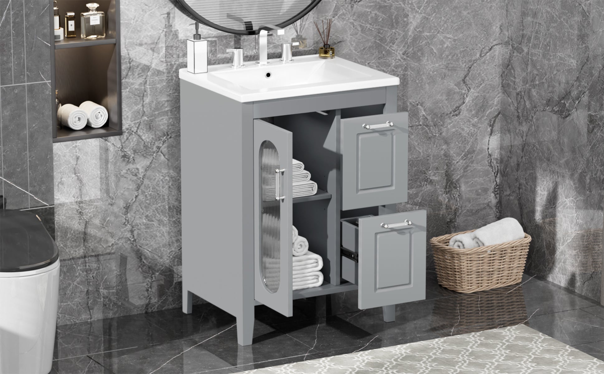 24" Bathroom Vanity With Sink, Bathroom Vanity Cabinet With Two Drawers And Door, Adjustable Shelf, Solid Wood And Mdf, Grey Grey Solid Wood Mdf