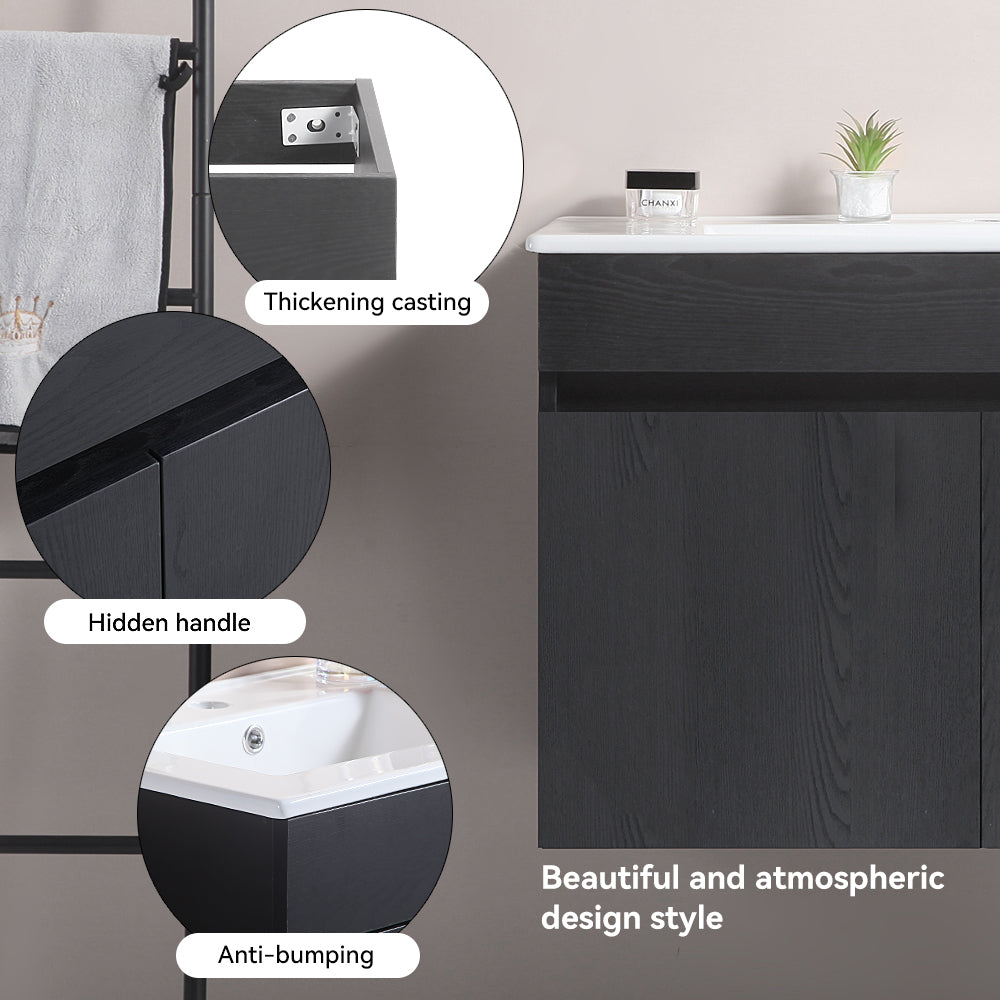 30 Inch Wall Mounted Bathroom Vanity With White Ceramic Basin,Two Soft Close Cabinet Doors, Solid Wood,Excluding Faucets,Black Black Solid Wood