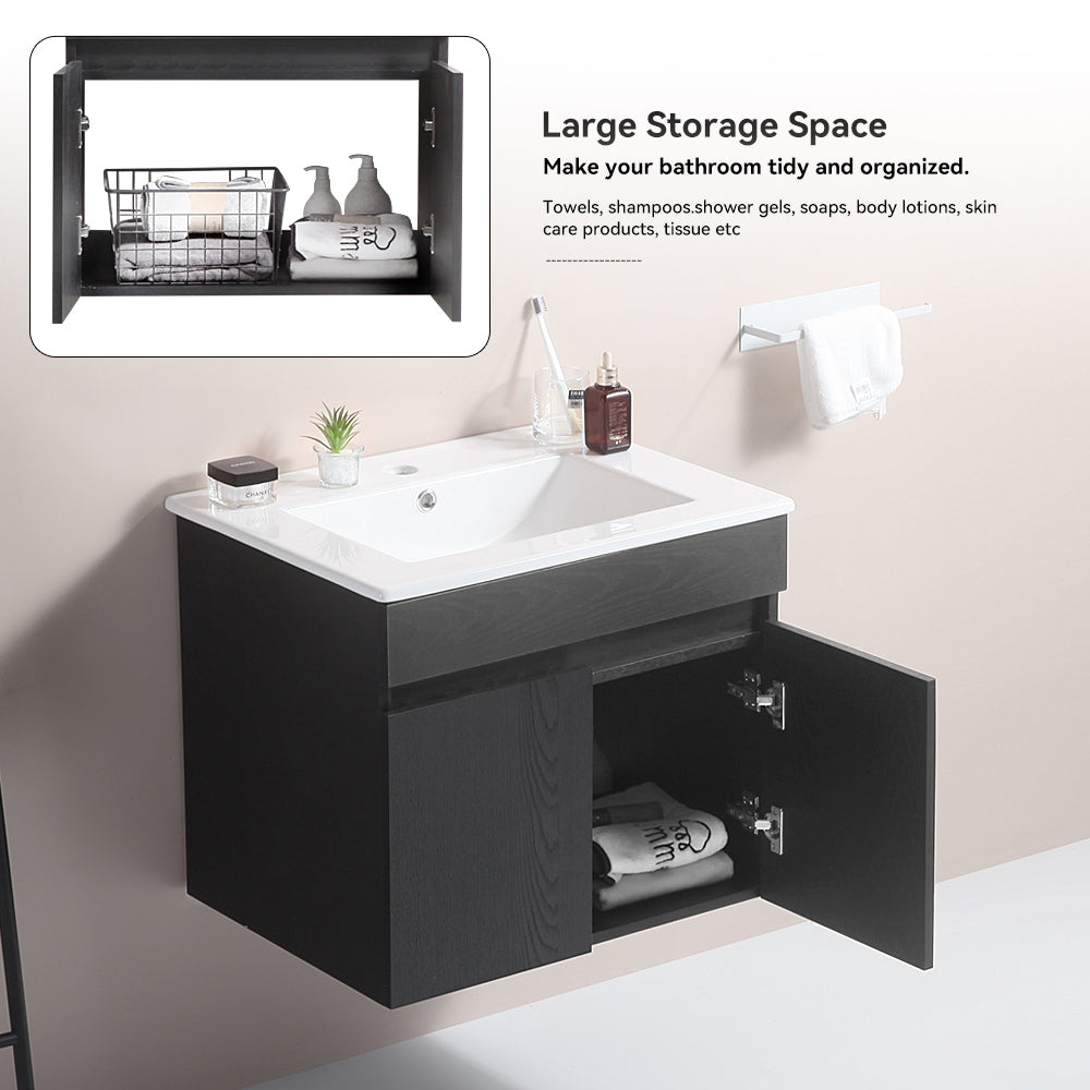 24 Inch Wall Mounted Bathroom Vanity With White Ceramic Basin,Two Soft Close Cabinet Doors, Solid Wood,Excluding Faucets,Black Black Solid Wood