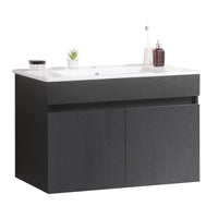 30 Inch Wall Mounted Bathroom Vanity With White Ceramic Basin,Two Soft Close Cabinet Doors, Solid Wood,Excluding Faucets,Black Black Solid Wood