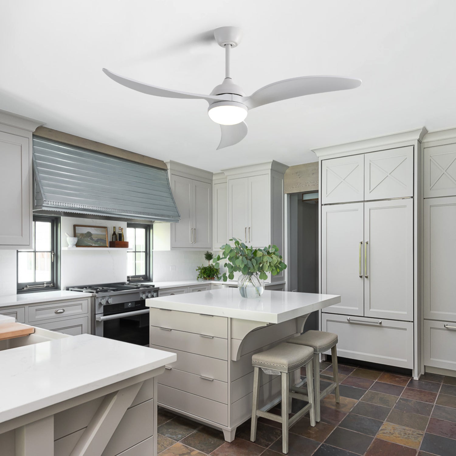 52 Inch Indoor With Dimmable Led Light 3 Solid Wood Blades Remote Control Reversible Dc Motor White For Living Room White Metal & Wood