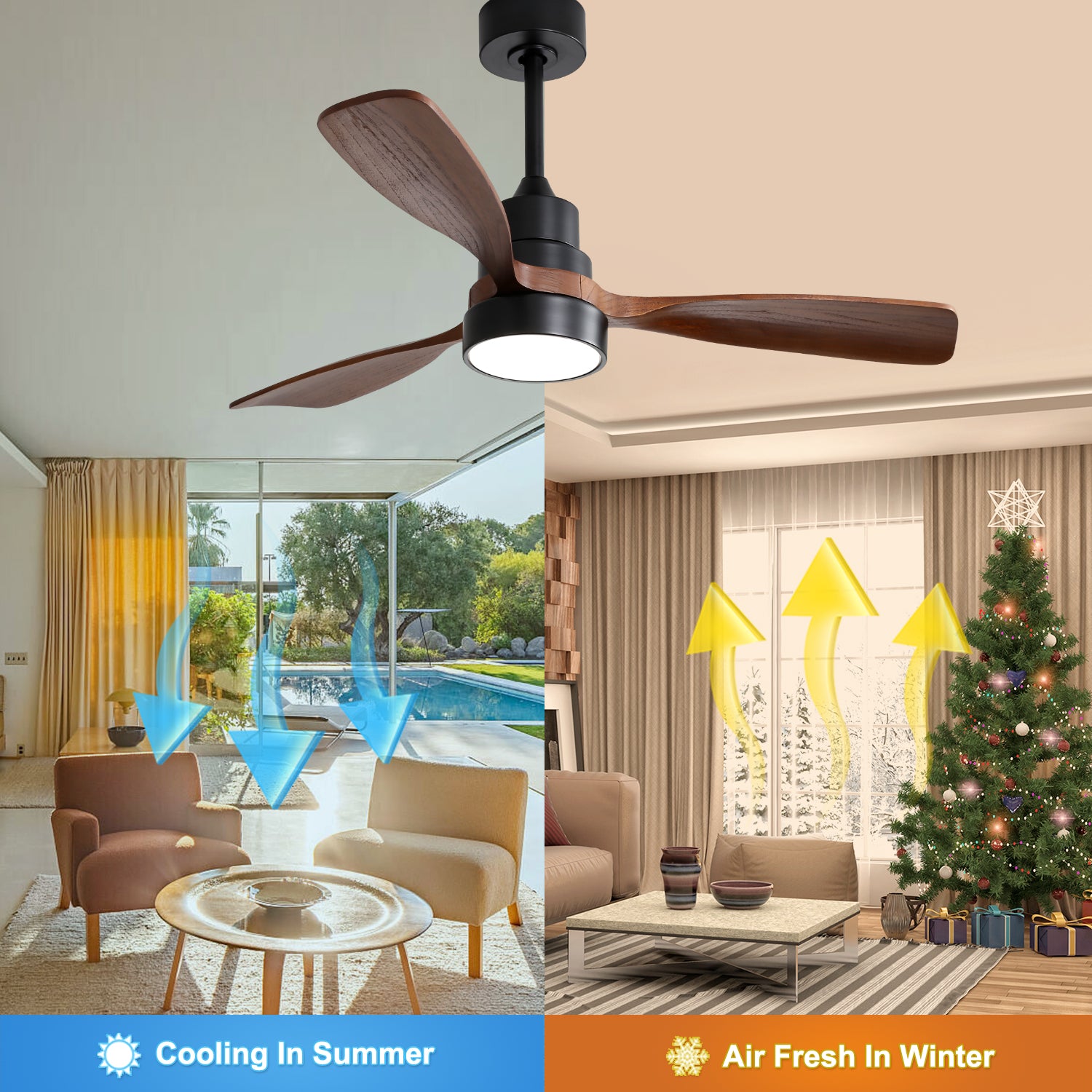 48 Inch Wood With 3 Solid Wood Blades Remote Control Reversible Dc Motor For Living Room Black Metal & Wood