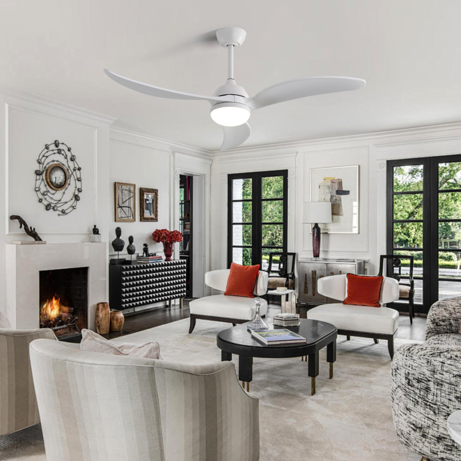 52 Inch Indoor With Dimmable Led Light 3 Solid Wood Blades Remote Control Reversible Dc Motor White For Living Room White Metal & Wood