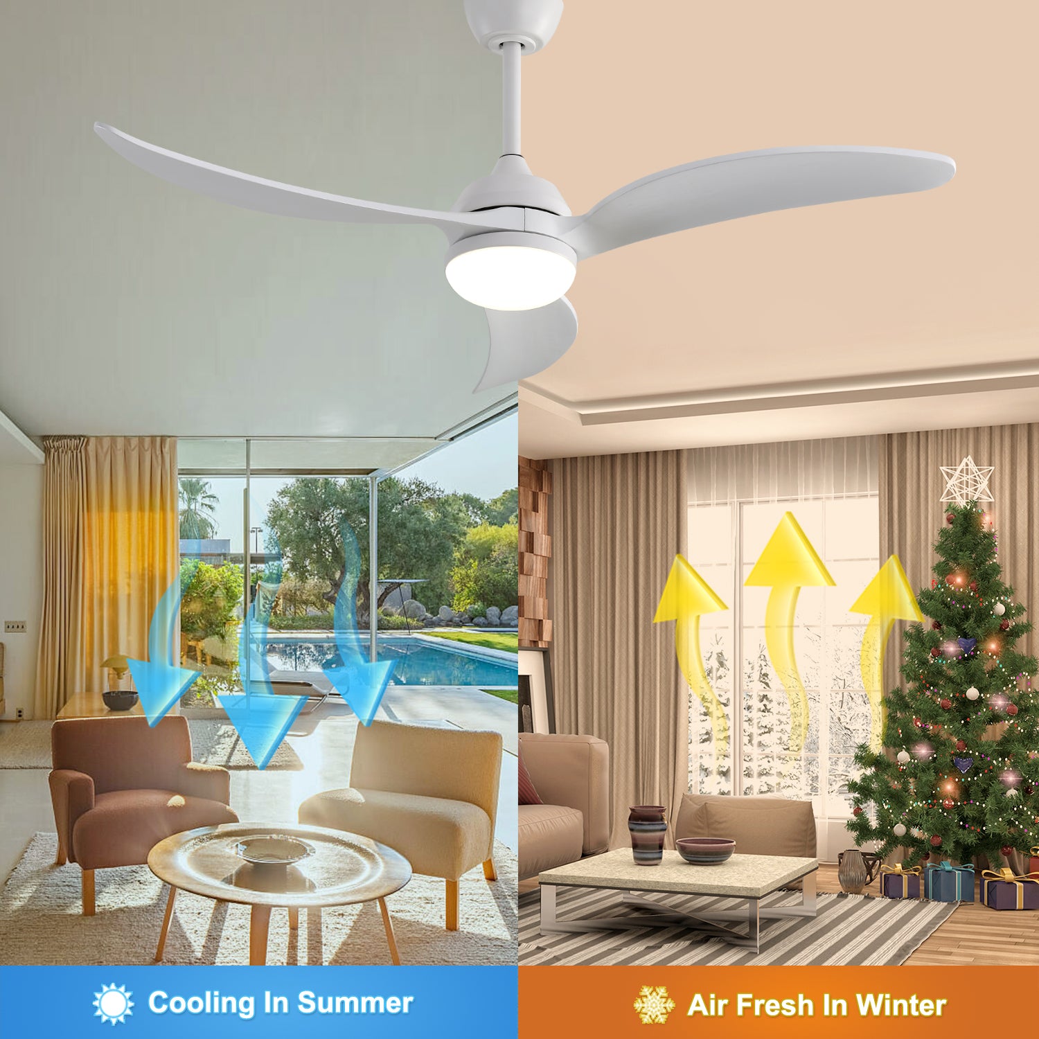 52 Inch Indoor With Dimmable Led Light 3 Solid Wood Blades Remote Control Reversible Dc Motor White For Living Room White Metal & Wood