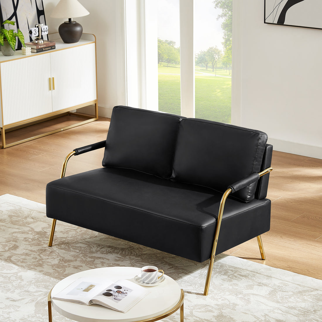 Small Sofa Seater Pet Friendly Fabric Upholstered Loveseat 2 Seater Couch With Removable Back Cushion And Metal Leg, Modern Couches For Small Spaces Living Room, Bedroom, Apartment, Black Black Fabric