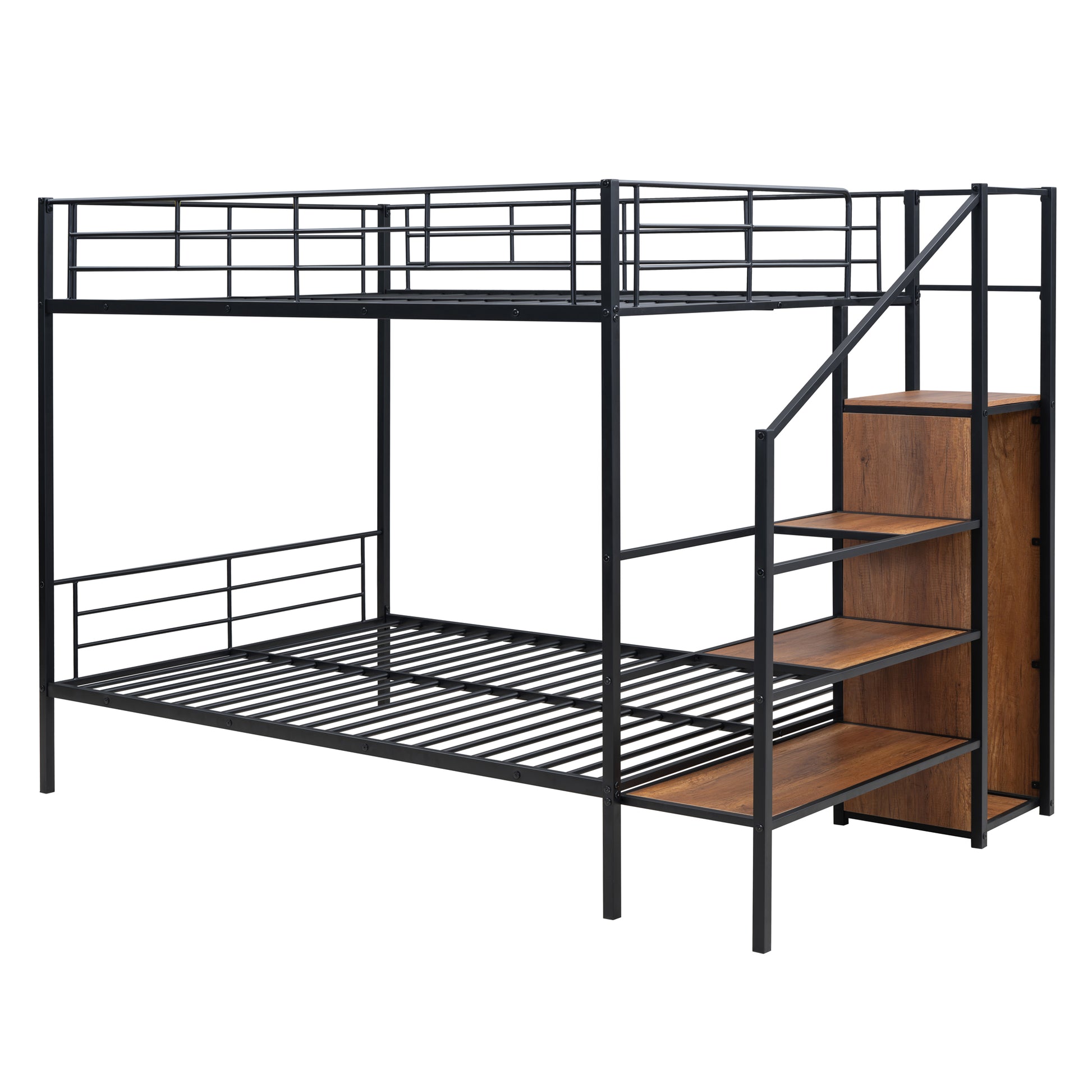 Full Over Full Metal Bunk Bed With Lateral Storage Ladder And Wardrobe, Black Black Iron