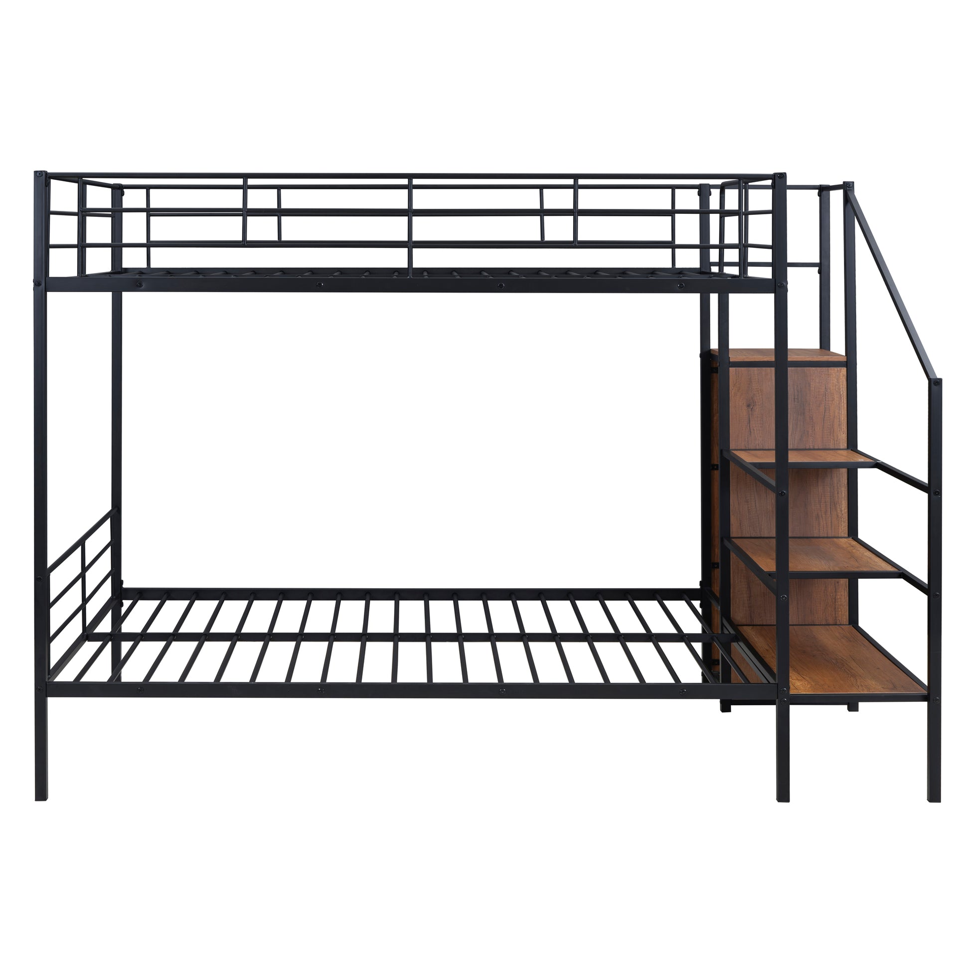 Full Over Full Metal Bunk Bed With Lateral Storage Ladder And Wardrobe, Black Black Iron