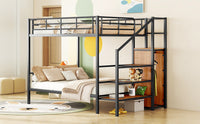 Full Over Full Metal Bunk Bed With Lateral Storage Ladder And Wardrobe, Black Black Iron