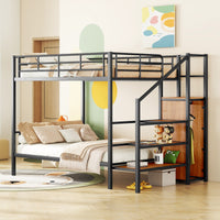 Full Over Full Metal Bunk Bed With Lateral Storage Ladder And Wardrobe, Black Black Iron