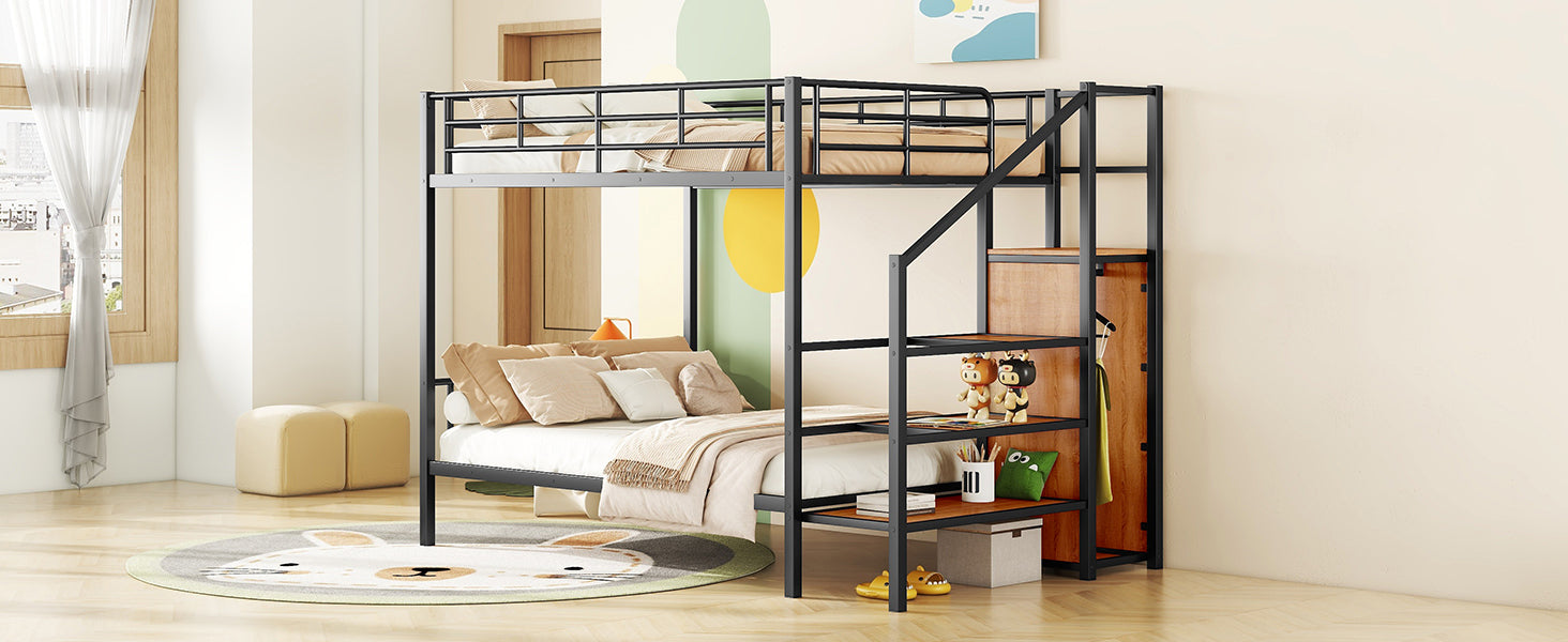 Full Over Full Metal Bunk Bed With Lateral Storage Ladder And Wardrobe, Black Black Iron