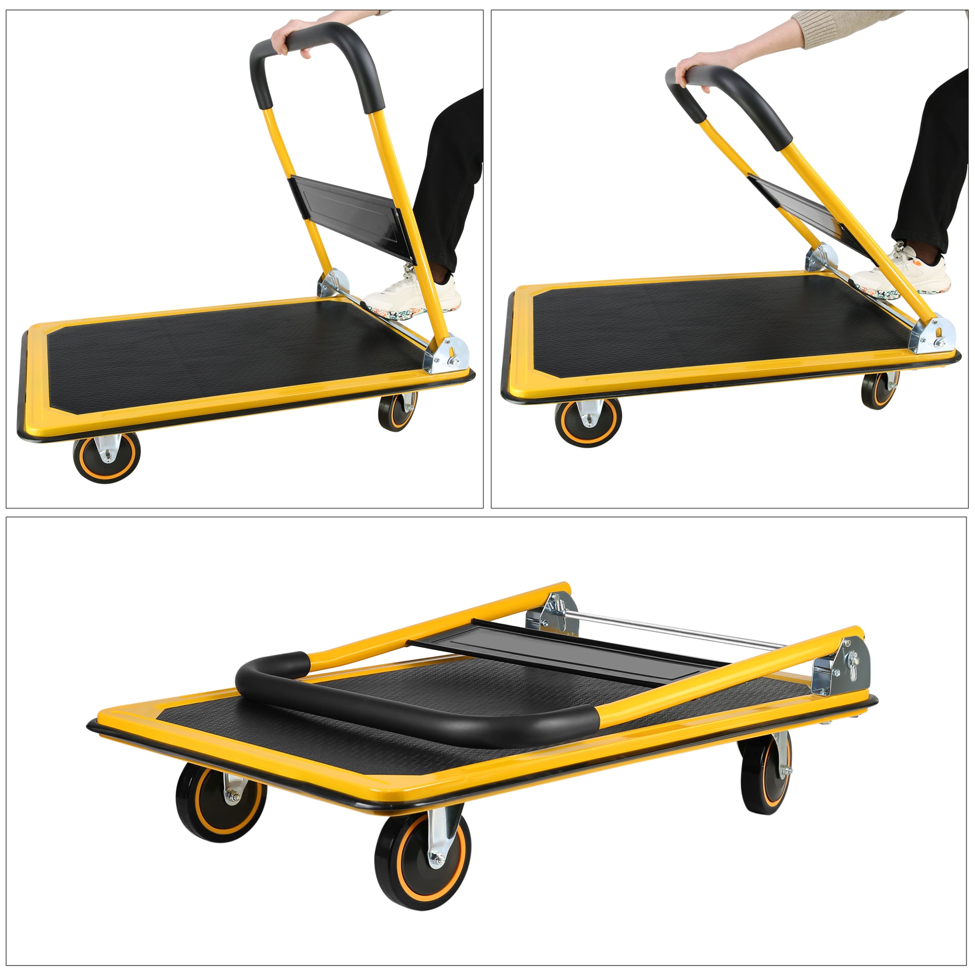 Platform Truck Hand Truck Large Size Foldable Dolly Cart For Moving Easy Storage And 360 Degree Swivel Wheels 660Lbs Weight Capacity Yellow Steel