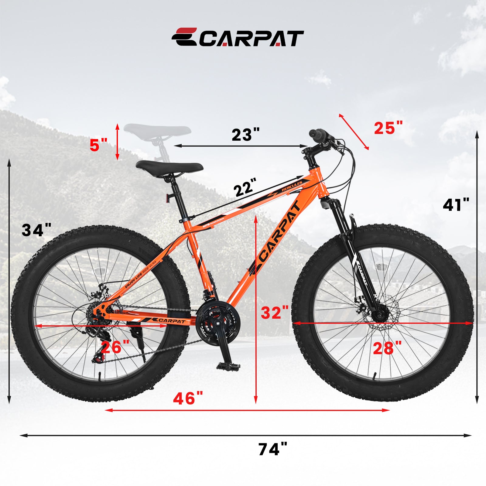 S26109 Elecony 26 Inch Fat Tire Bike Adult Youth Full Shimano 21 Speed Mountain Bike, Dual Disc Brake, High Carbon Steel Frame, Front Suspension, Mountain Trail Bike, Urban Commuter City Bicycle Orange Iron