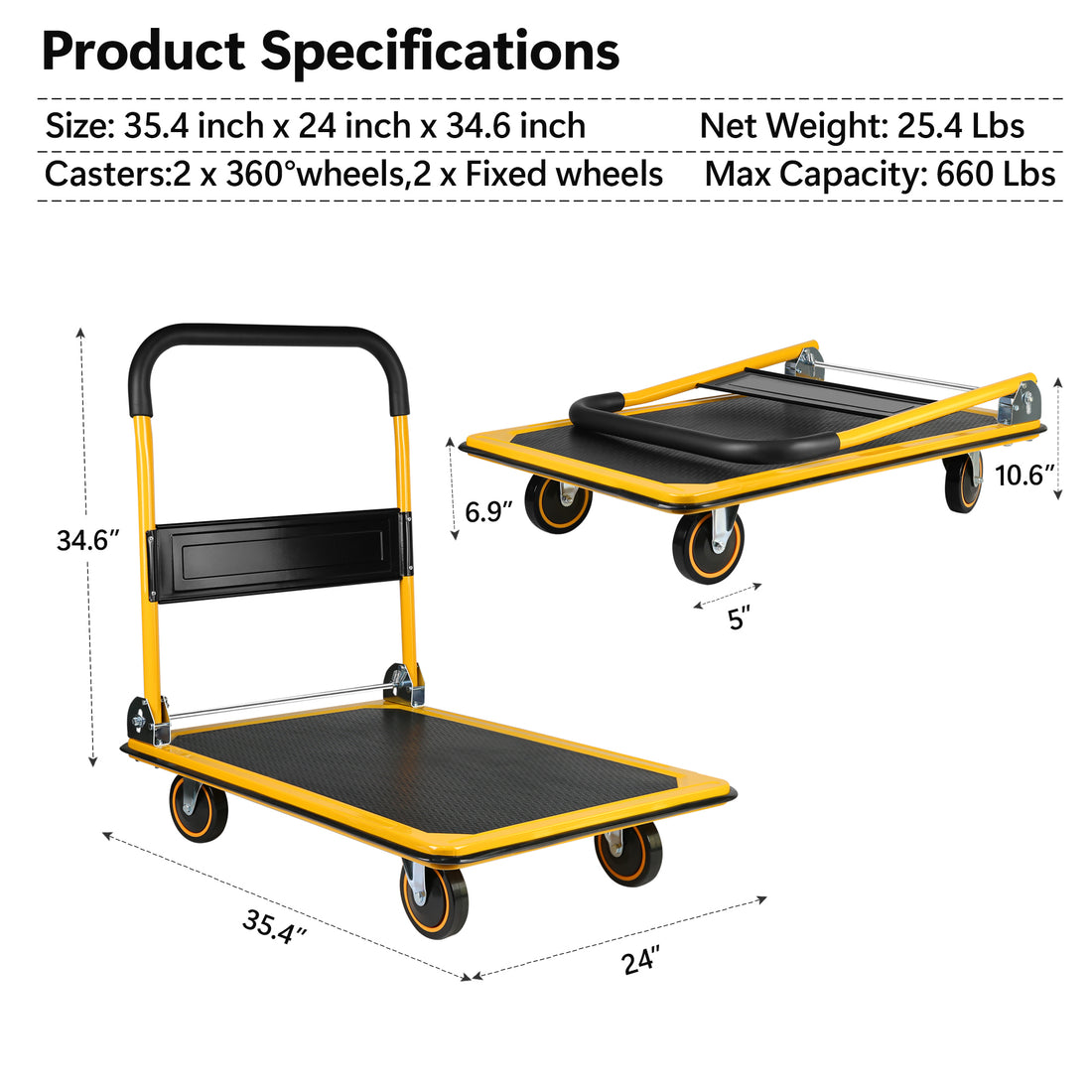 Platform Truck Hand Truck Large Size Foldable Dolly Cart For Moving Easy Storage And 360 Degree Swivel Wheels 660Lbs Weight Capacity Yellow Steel
