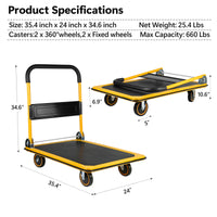 Platform Truck Hand Truck Large Size Foldable Dolly Cart For Moving Easy Storage And 360 Degree Swivel Wheels 660Lbs Weight Capacity Yellow Steel
