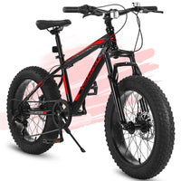 Ecarpat Kids Bike 20 Inch Wheels, 4" Wide Fat Tire Snow Mountain Bike Ages 8 12 Year Old, Steel Frame, 7 Speed Teenager Children Kids' Bicycles Black Red Steel