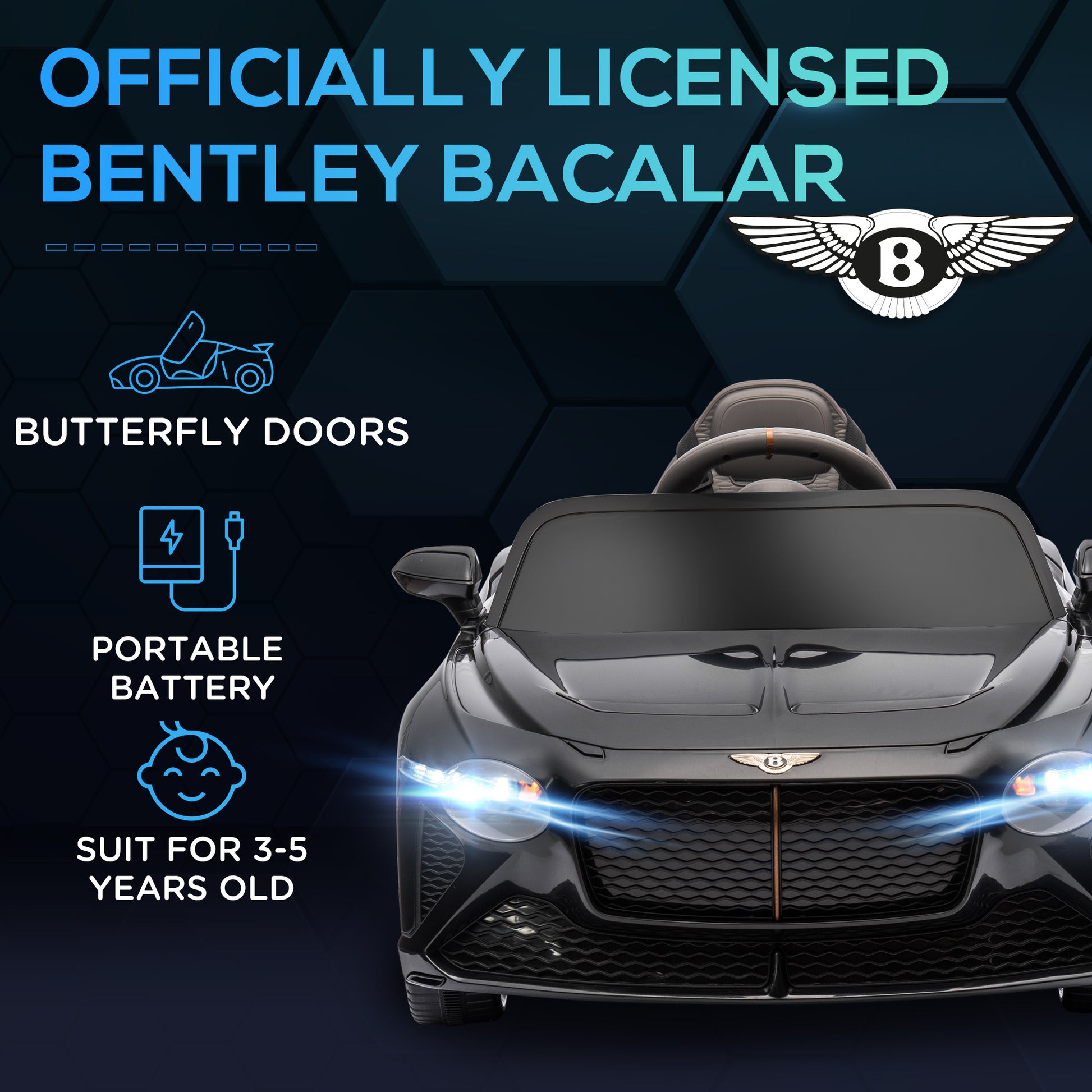 Aosom Bentley Bacalar Licensed Kids Ride On Car With Butterfly Doors, 12V Electric Car For Kids With Remote Control, Suspension System, Horn, Music, Lights, Black Black Steel