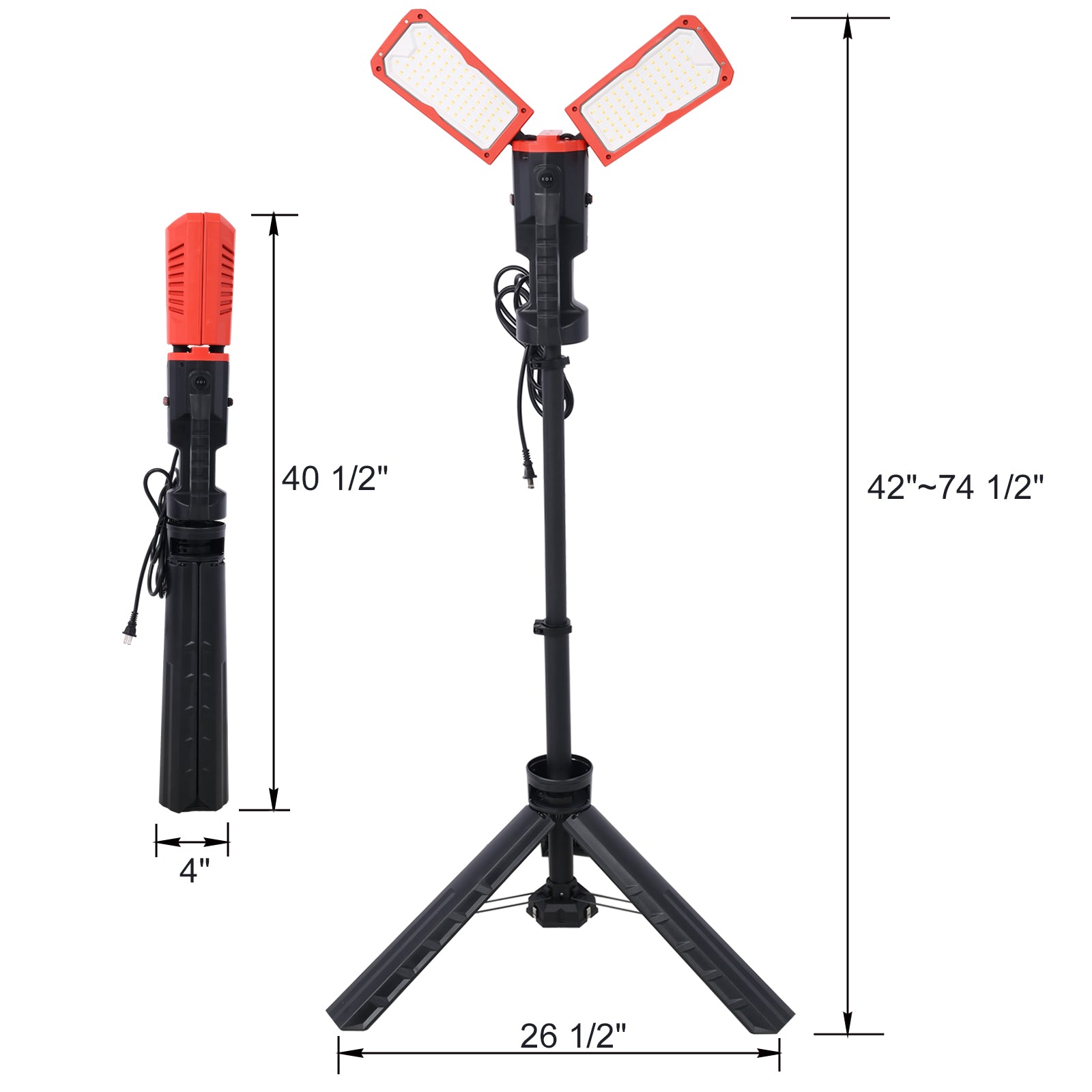 10000 Lumen 100 Watt Dual Head Led Work Light With Telescoping Tripod, Work Light With Stand Rotating Waterproof Lamps And 9 9Ft 3 Prong Power Cord 2X50W Led Worklight With Telescoping Tripod Black Red Abs