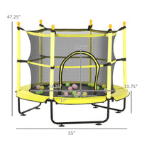 Qaba 4.6' Trampoline For Kids, 55 Inch Toddler Trampoline With Safety Enclosure & Ball Pit For Indoor Or Outdoor Use, Built For Kids 3 10 Years, Yellow Yellow Steel