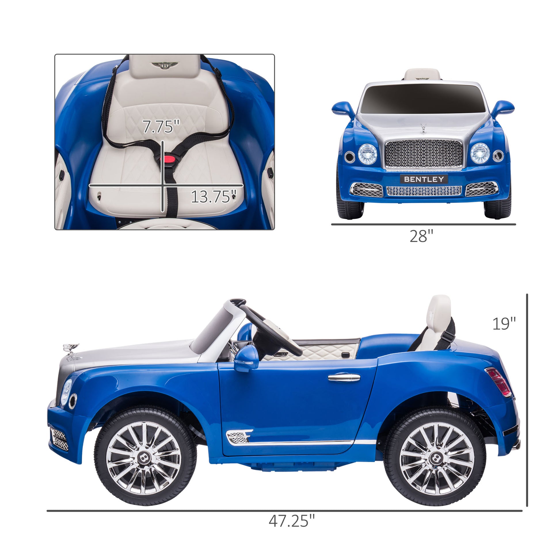 Aosom Bentley Mulsanne 12V Ride On Car, Battery Powered Car With Remote Control, Suspension, Startup Sound, Led Lights, Mp3, Horn, Music, Forward And Backward, 2 Motors, Blue Blue Steel