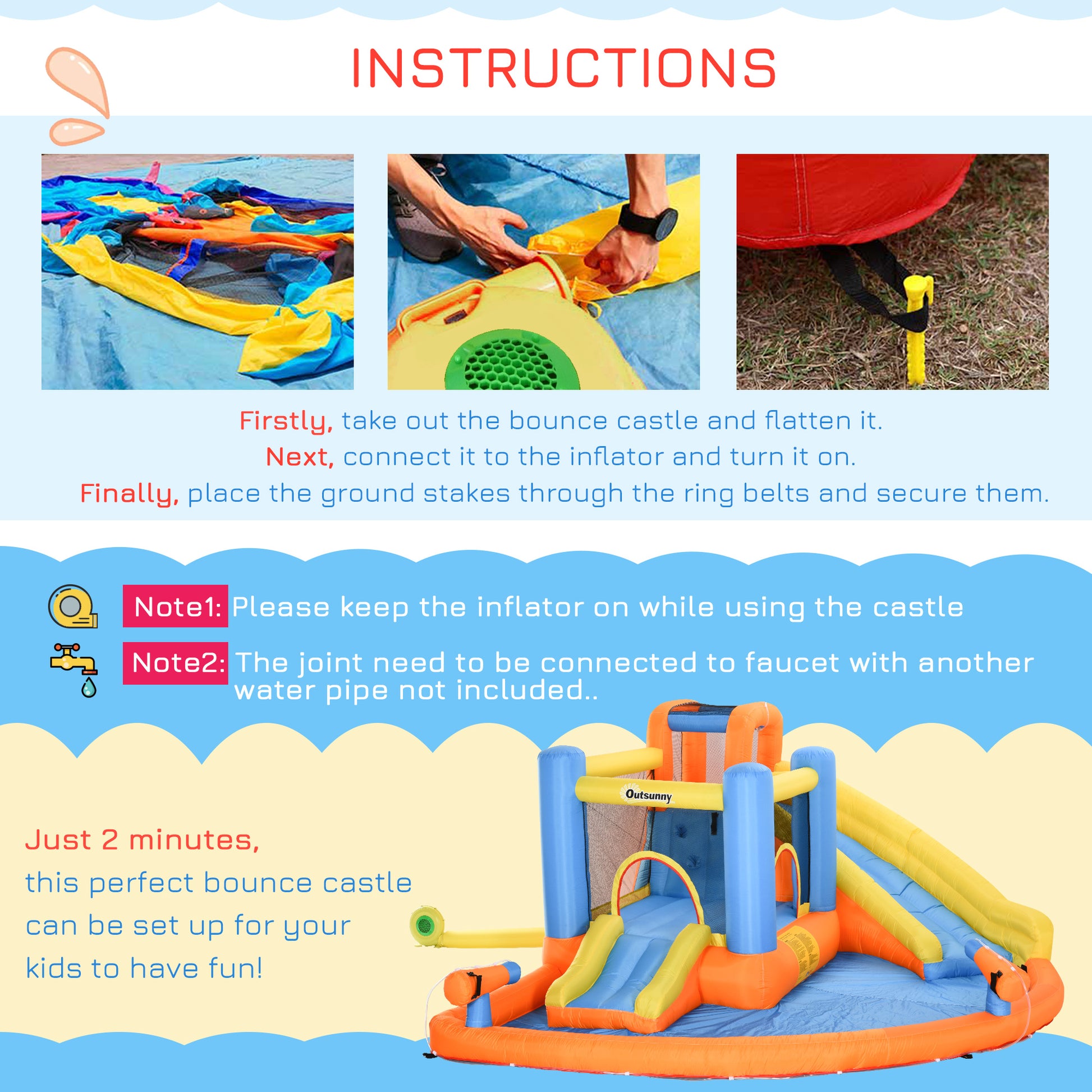 Outsunny Kids Inflatable Water Slide 5 In 1 Bounce House Water Park Jumping Castle With Water Pool, Slide, Climbing Walls, & 2 Water Cannons, 450W Air Blower Multicolor Fabric