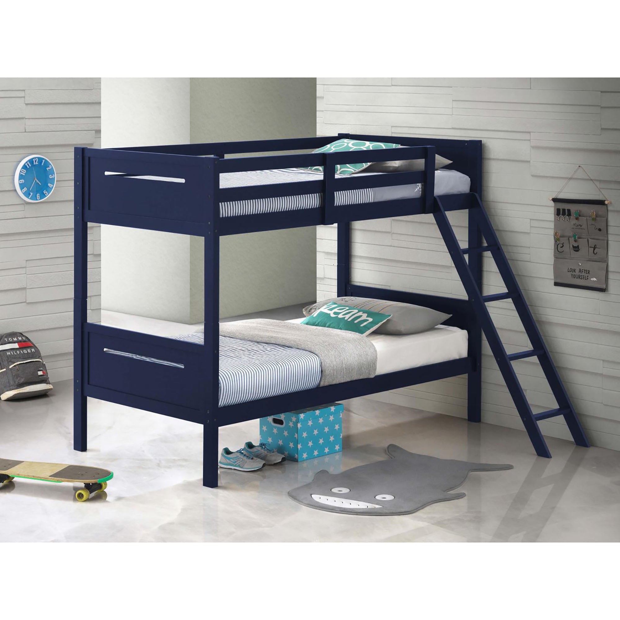 Blue Twin Twin Bunk Bed With Built In Ladder Blue Bedroom Transitional Rubberwood Wood