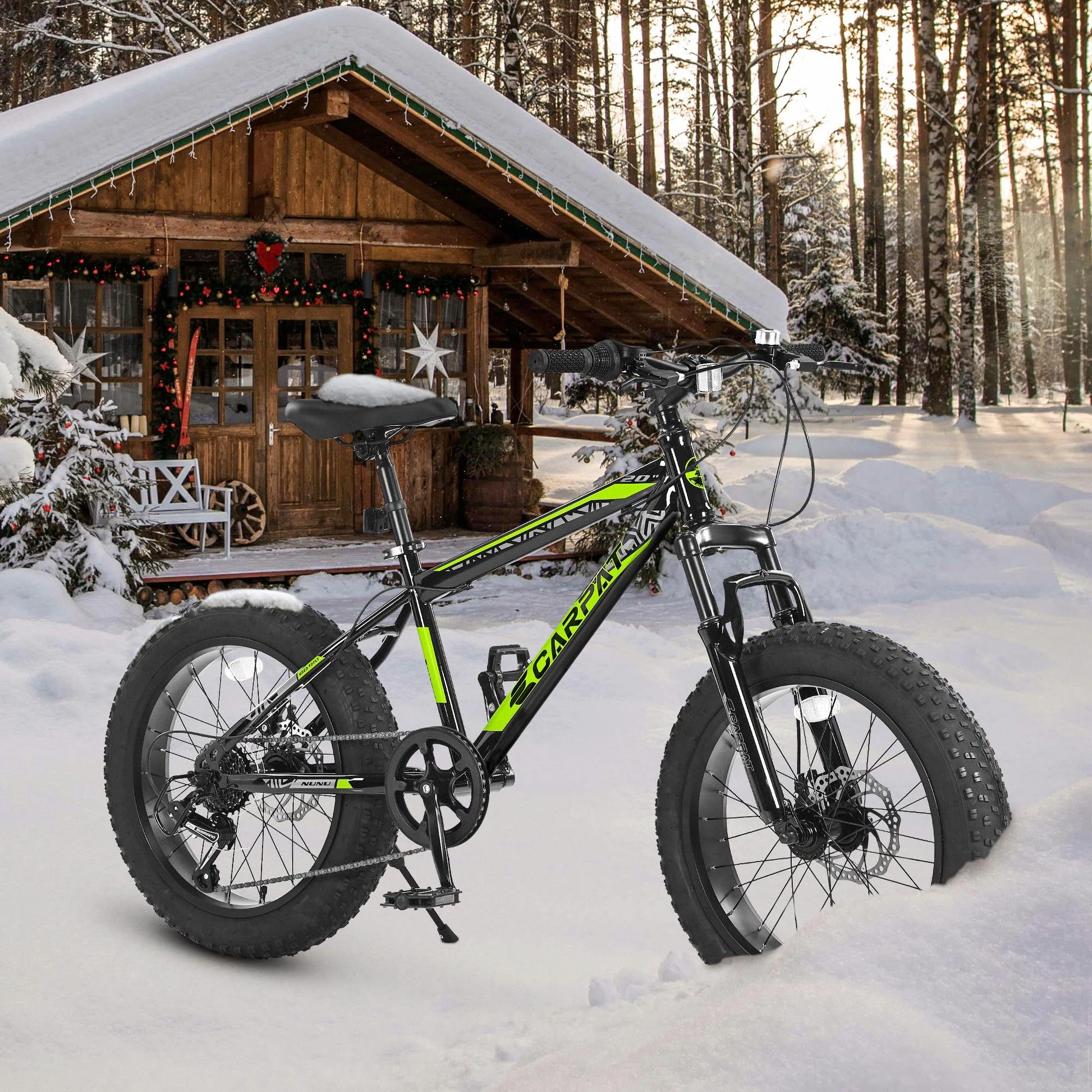 Ecarpat Kids Bike 20 Inch Wheels, 4" Wide Fat Tire Snow Mountain Bike Ages 8 12 Year Old, Steel Frame, 7 Speed Teenager Children Kids' Bicycles Cycling Blackish Green Durable Garden & Outdoor Modern,Sporty Multifunctional Polyurethane Foam Steel