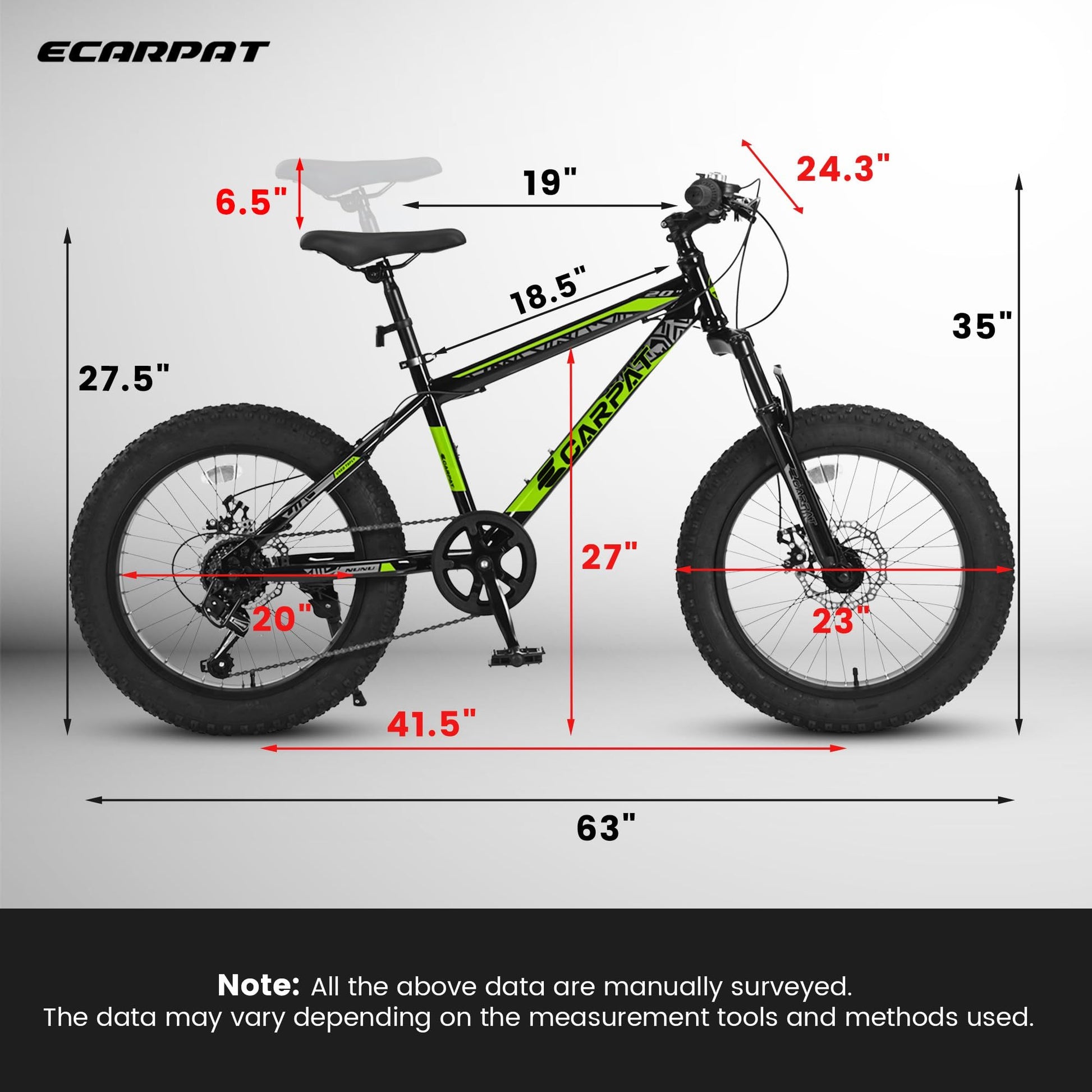 Ecarpat Kids Bike 20 Inch Wheels, 4" Wide Fat Tire Snow Mountain Bike Ages 8 12 Year Old, Steel Frame, 7 Speed Teenager Children Kids' Bicycles Cycling Blackish Green Durable Garden & Outdoor Modern,Sporty Multifunctional Polyurethane Foam Steel