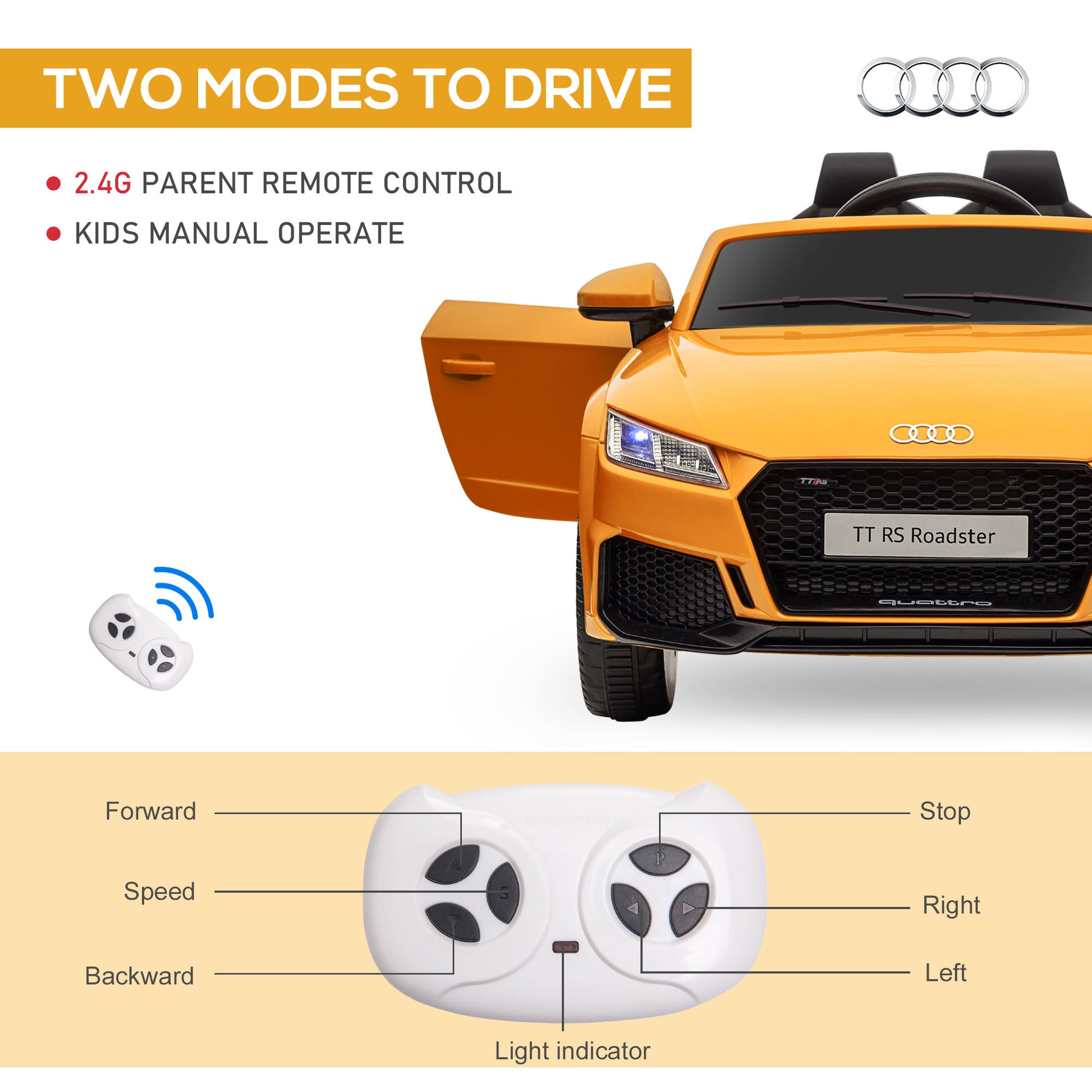 Aosom 6V Kids Electric Ride On Car, Licensed Audi Tt Rs With Suspension System And Remote Control, Horn, 5 Songs, Lights, Mp3 Player Yellow Yellow Steel