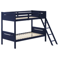 Blue Twin Twin Bunk Bed With Built In Ladder Blue Bedroom Transitional Rubberwood Wood