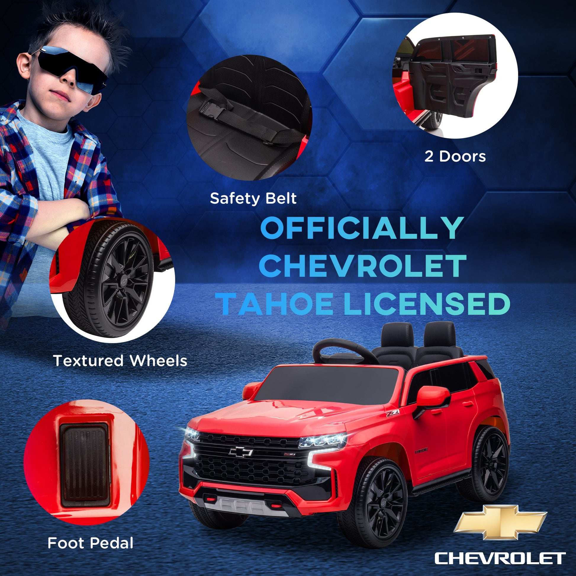 Aosom Chevrolet Tahoe Licensed Kids Ride On Car, 12V Battery Powered Kids Electric Car With Remote Control, Music, Lights, Horn, Suspension For 3 6 Years Old, Red Red Steel