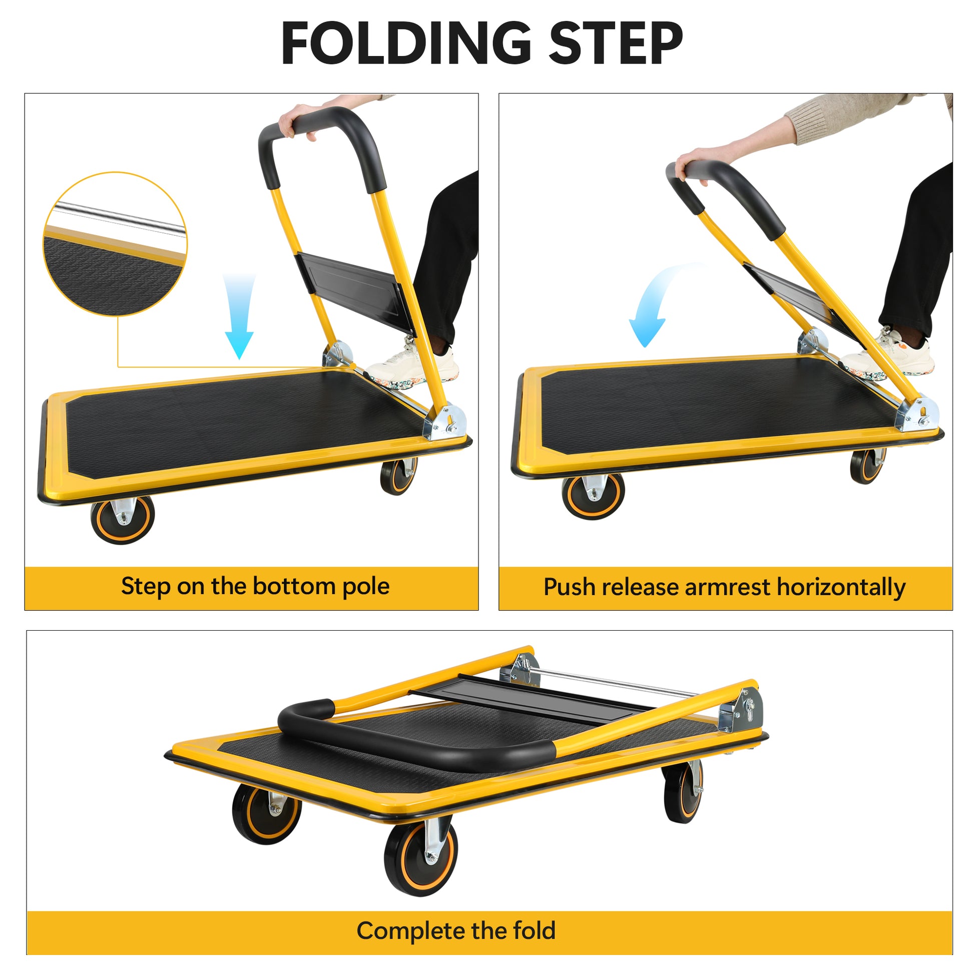 Platform Truck Hand Truck Large Size Foldable Dolly Cart For Moving Easy Storage And 360 Degree Swivel Wheels 660Lbs Weight Capacity Yellow Steel