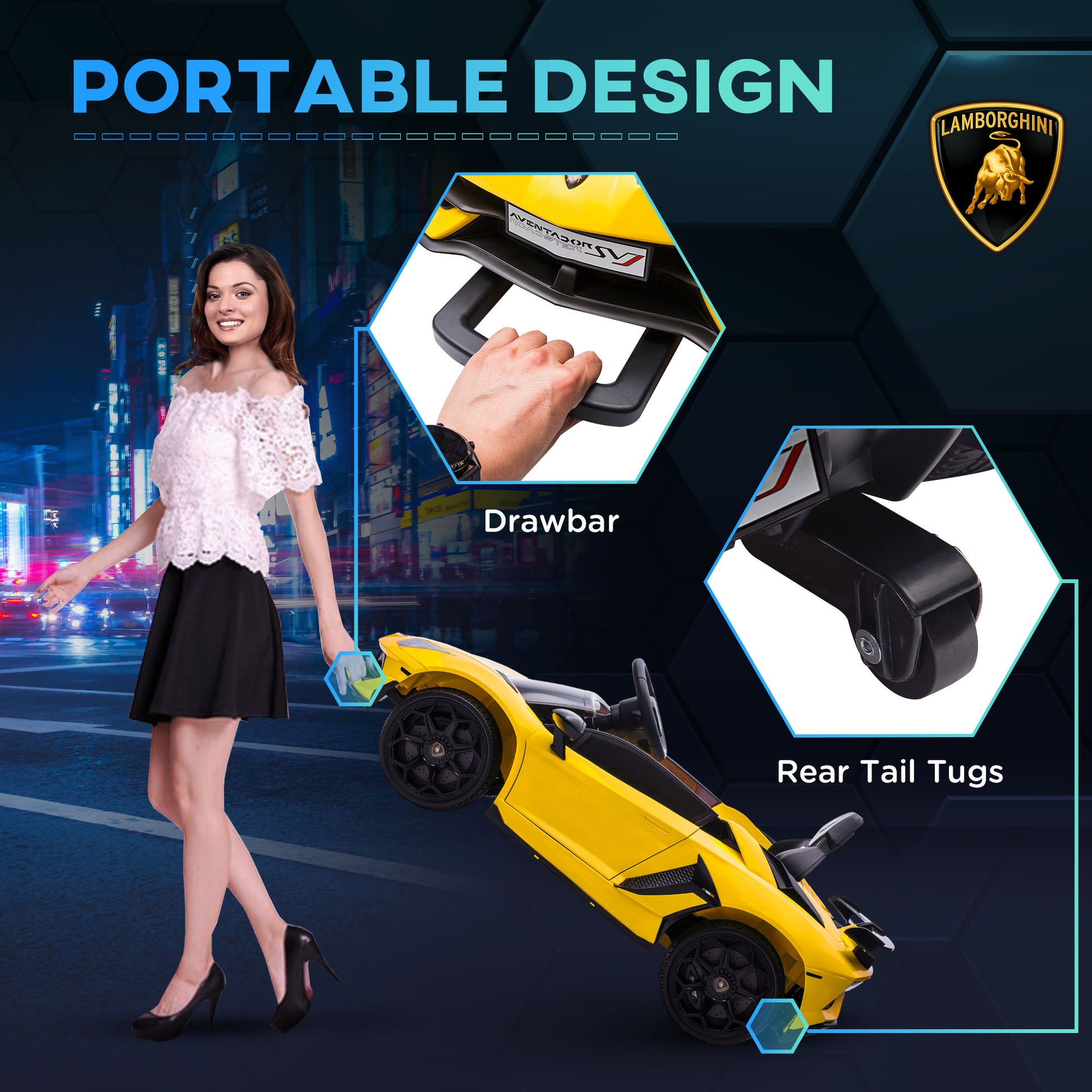 Aosom Lamborghini Aventador Licensed Kids Ride On Car With Scissor Doors, Easy Transport, 12V Electric Car For Kids With Remote Control, Suspension System, Horn, Music, Lights, Yellow Yellow Steel