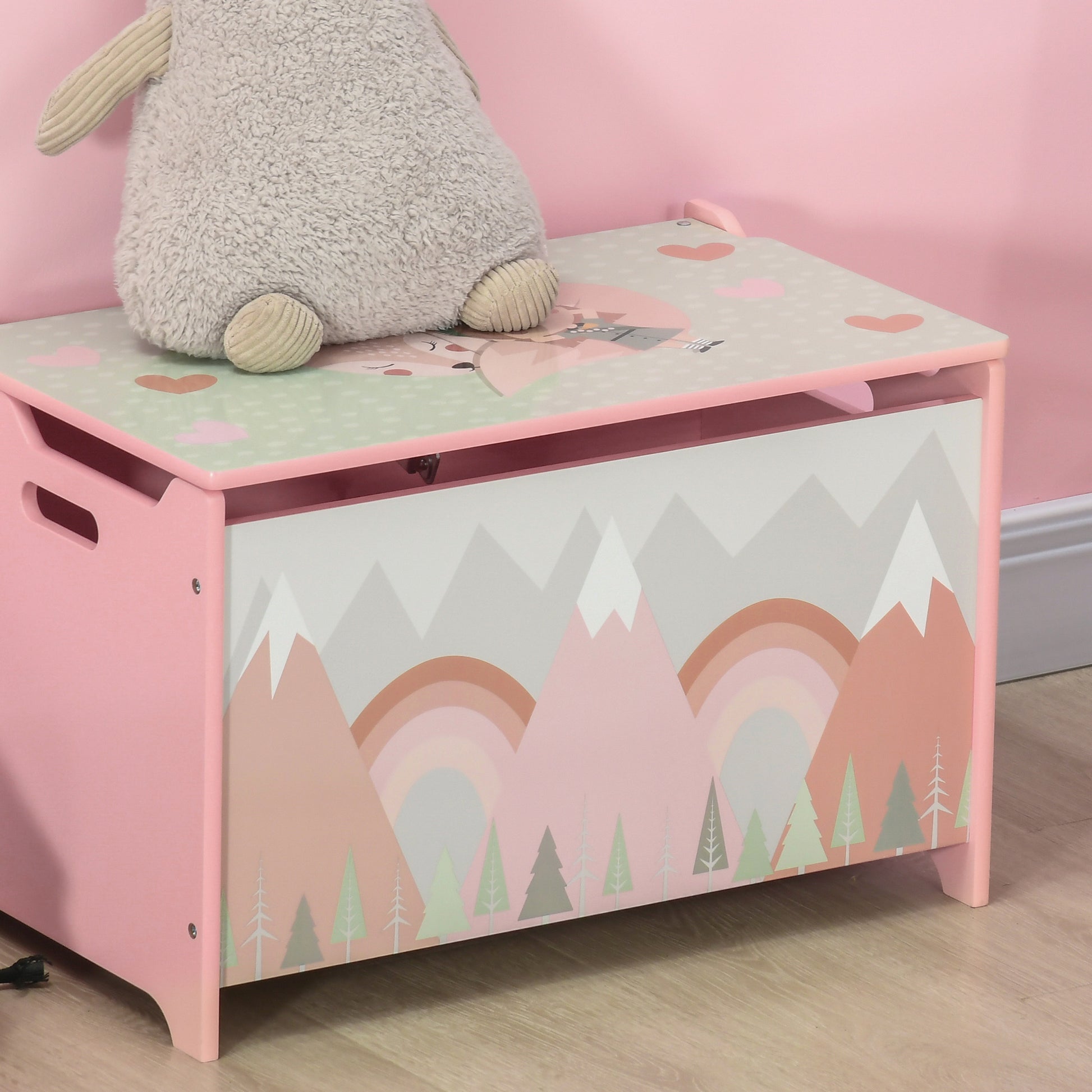 Qaba Toy Box With Lid, Toy Chest Storage Organizer For Bedroom With Safety Hinge, Cute Animal Design, Pink Pink Mdf