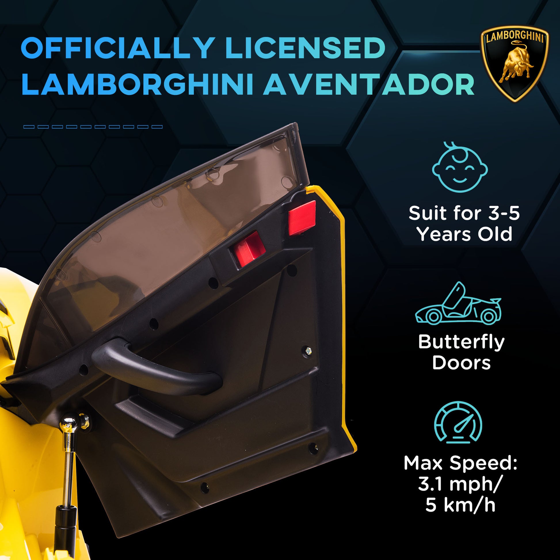 Aosom Lamborghini Aventador Licensed Kids Ride On Car With Scissor Doors, Easy Transport, 12V Electric Car For Kids With Remote Control, Suspension System, Horn, Music, Lights, Yellow Yellow Steel