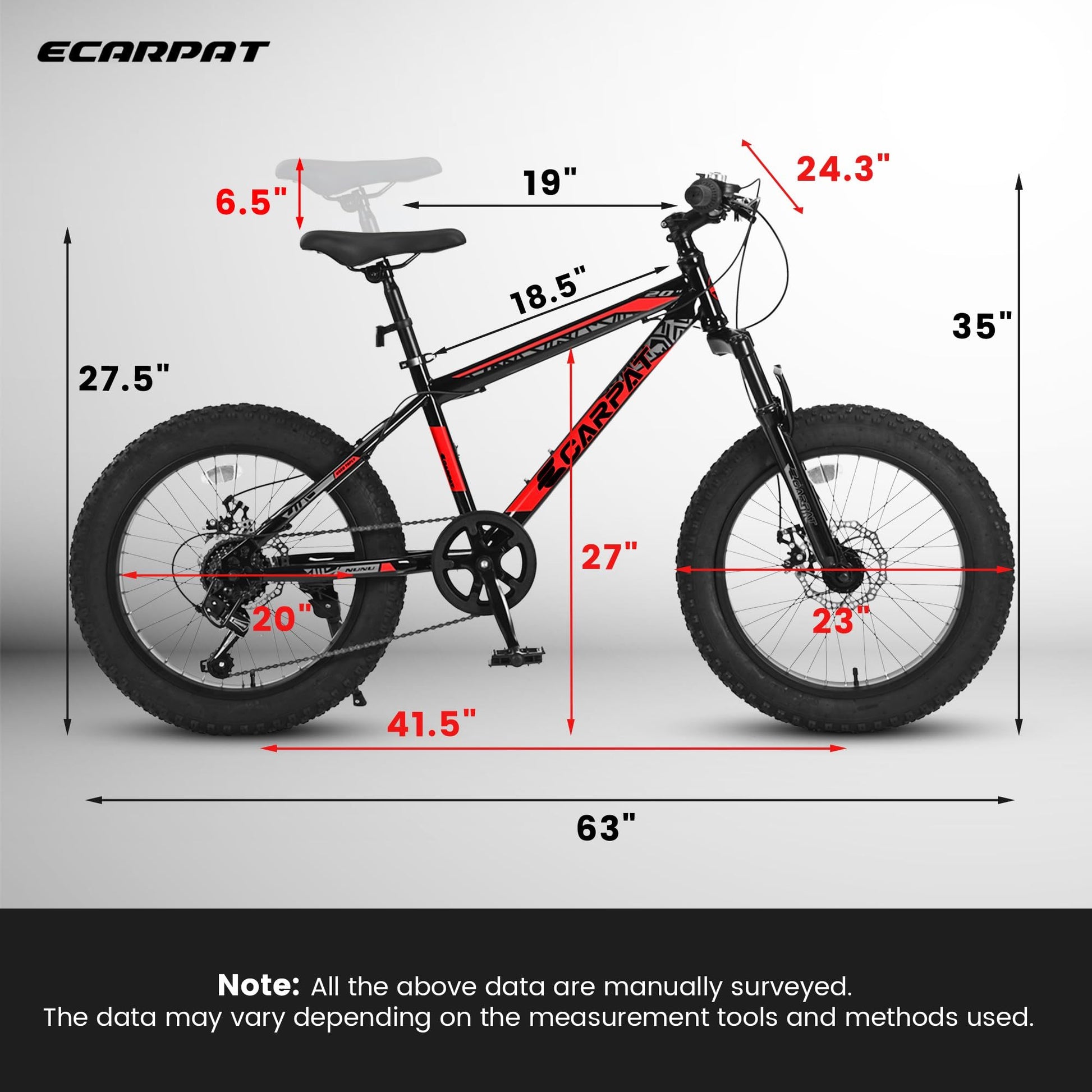 Ecarpat Kids Bike 20 Inch Wheels, 4" Wide Fat Tire Snow Mountain Bike Ages 8 12 Year Old, Steel Frame, 7 Speed Teenager Children Kids' Bicycles Black Red Steel