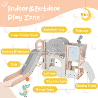 Kids Slide Playset Structure 9 In 1, Freestanding Space Set With Slide, Arch Tunnel, Ring Toss, Drawing Whiteboardl And Basketball Hoop For Toddlers, Kids Climbers Playground Pink Grey Hdpe