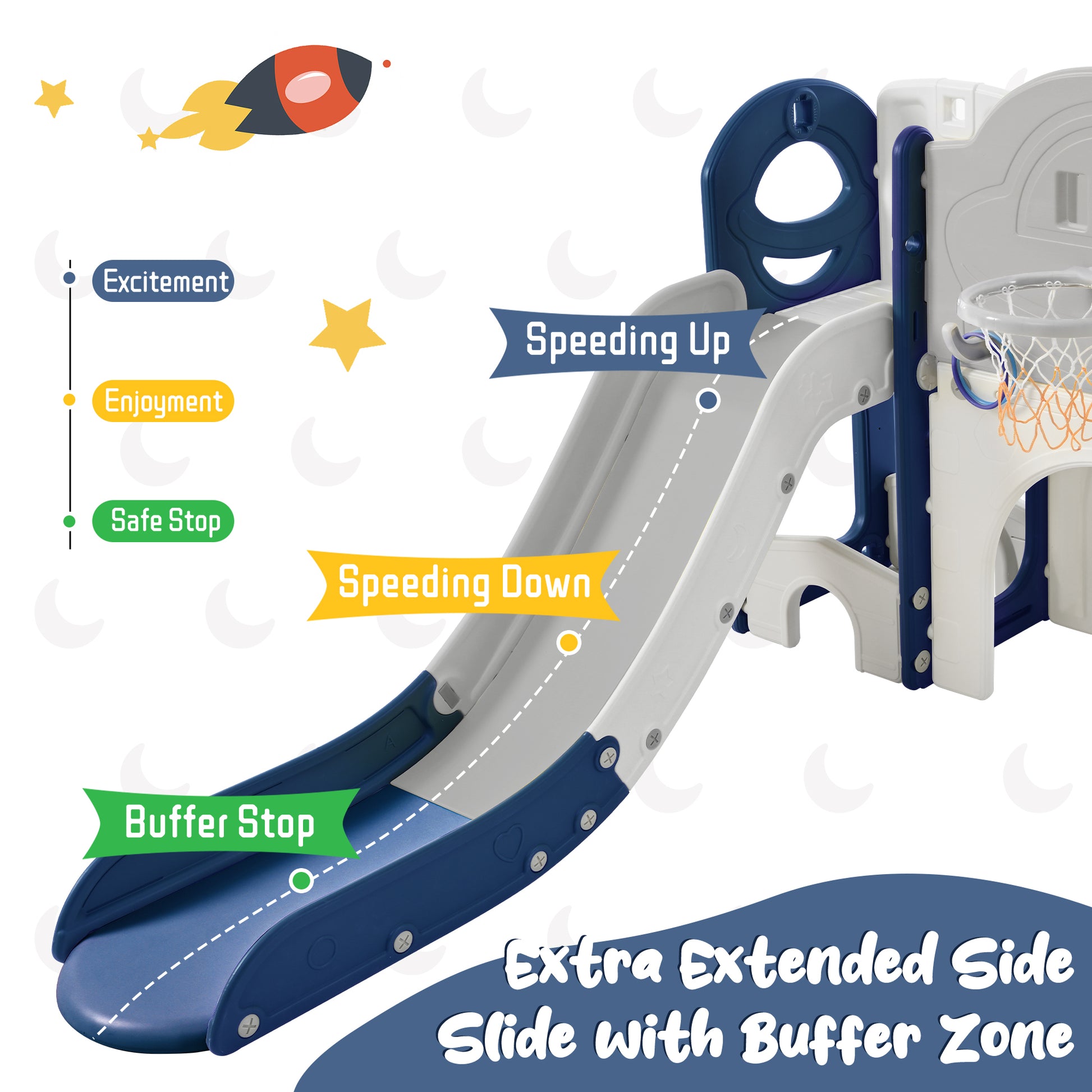 Kids Slide Playset Structure 9 In 1, Freestanding Space Set With Slide, Arch Tunnel, Ring Toss, Drawing Whiteboardl And Basketball Hoop For Toddlers, Kids Climbers Playground Blue Grey Hdpe Indoor & Outdoor Use