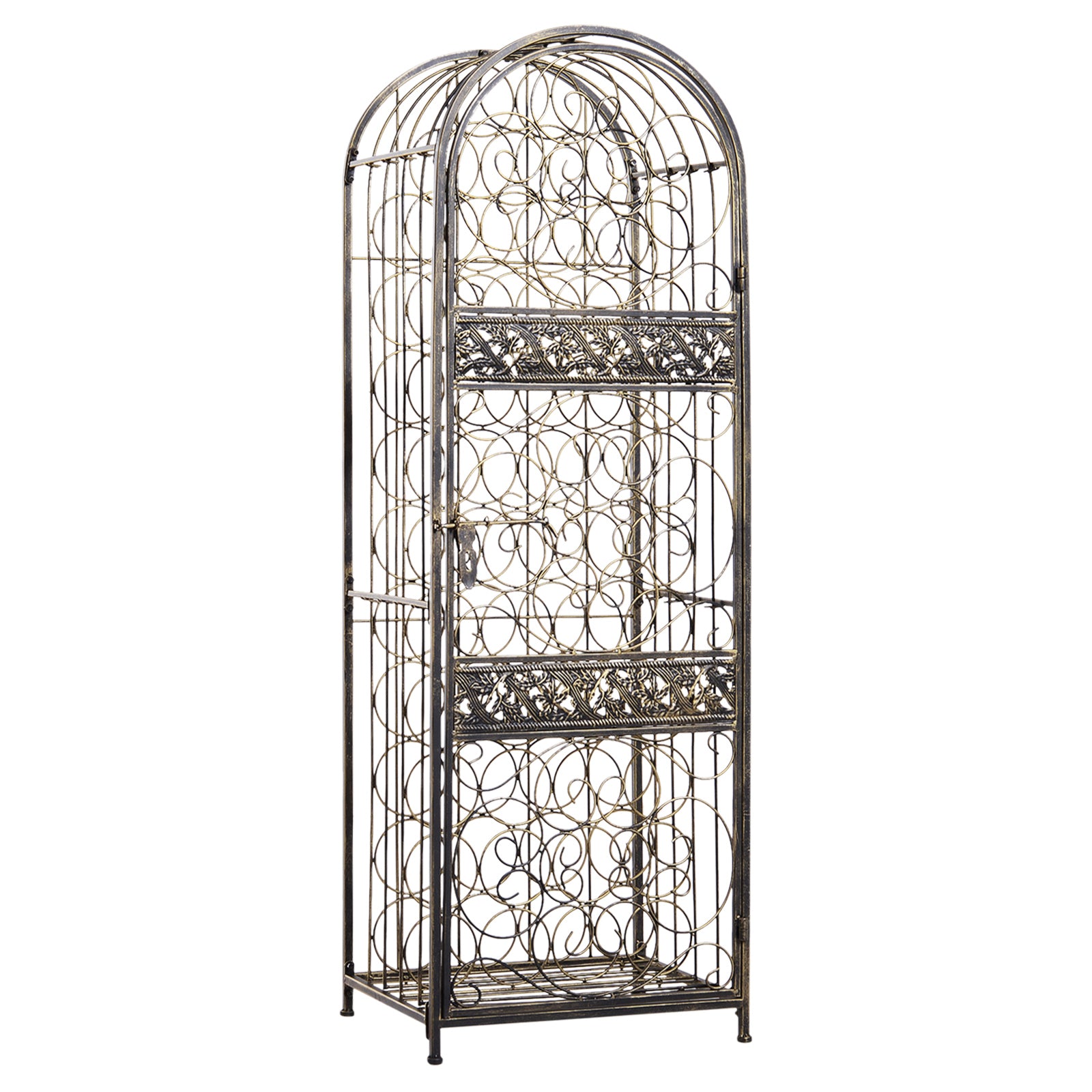 Homcom 45 Bottle Wrought Iron Wine Rack Jail With Lock Antique Bronze Bronze Iron